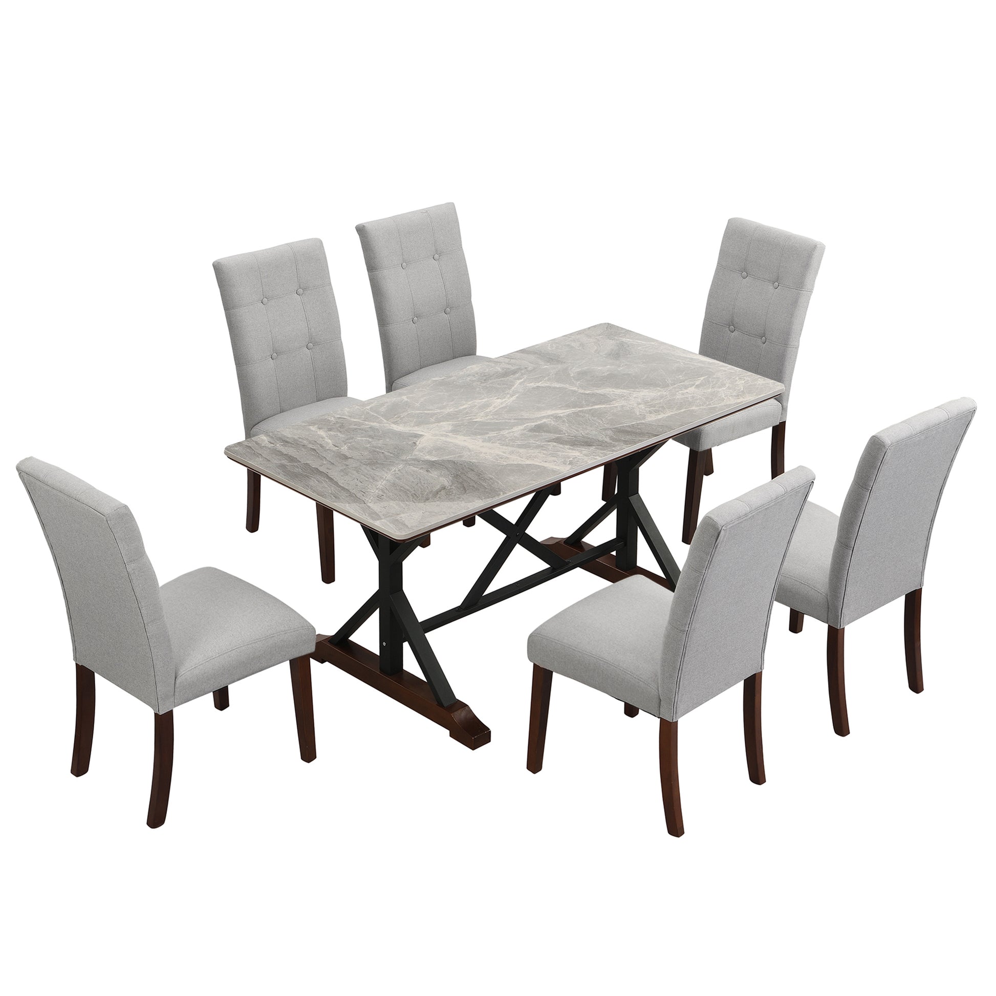 Modern Dining Table For 6 8, 7 Piece Kitchen Dining Table Set, Gray Sintered Stone Dining Table With 6 Tufted Upholstered Chairs, 63 Inch Rectangle Dining Table For Dining Room 1 Table 6 Chair Gray Farmhouse,Mid Century Modern,Modern Sintered Stone