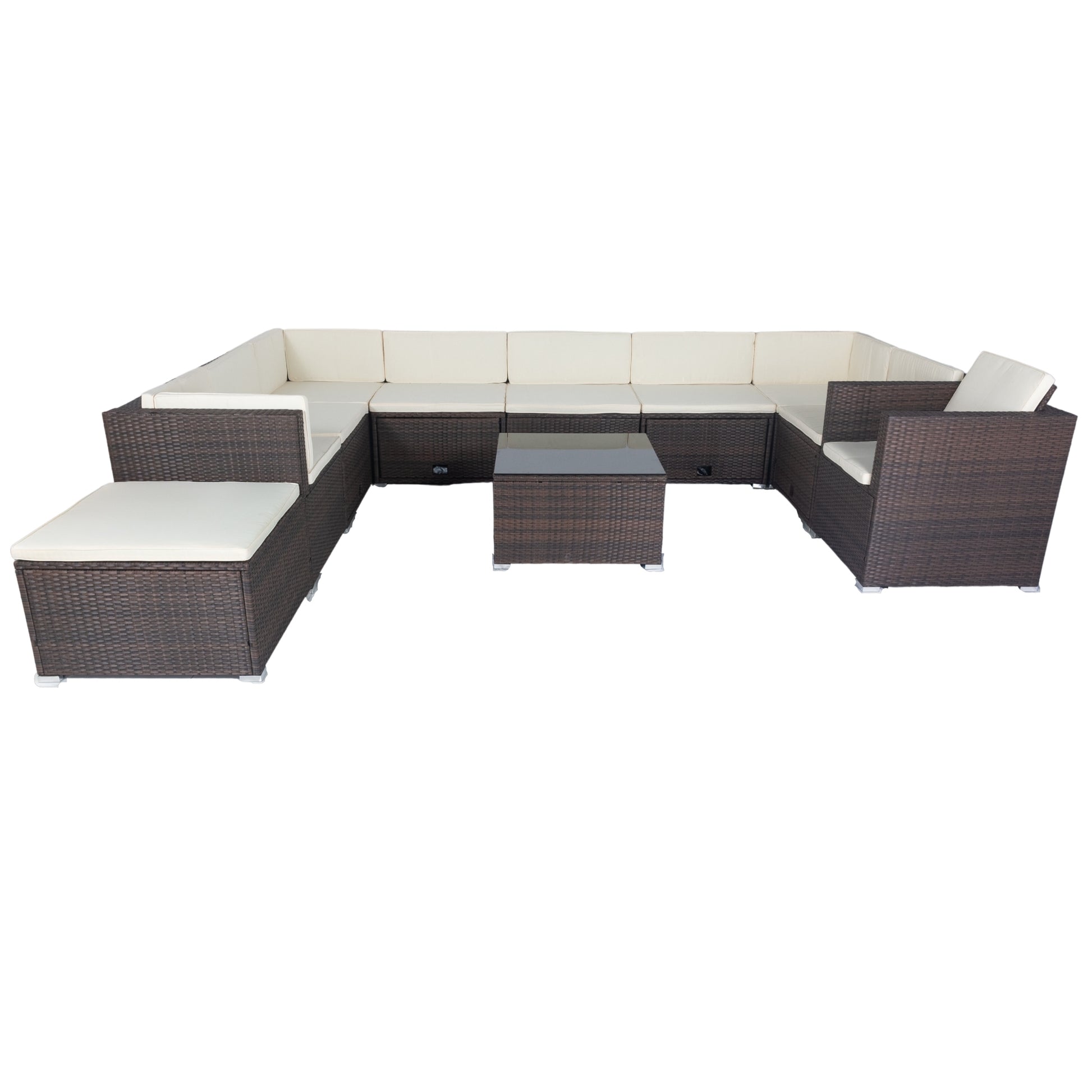 11 Piece Patio Wicker Conversation Set, 10 Seater Patio Sectional Set With 3 Storage Box Under Seat Brown Wicker White Cushion Yes Complete Patio Set Brown Rust Resistant Frame Mildew Resistant Cushion Garden & Outdoor Modern Complete Patio Sets Fiber