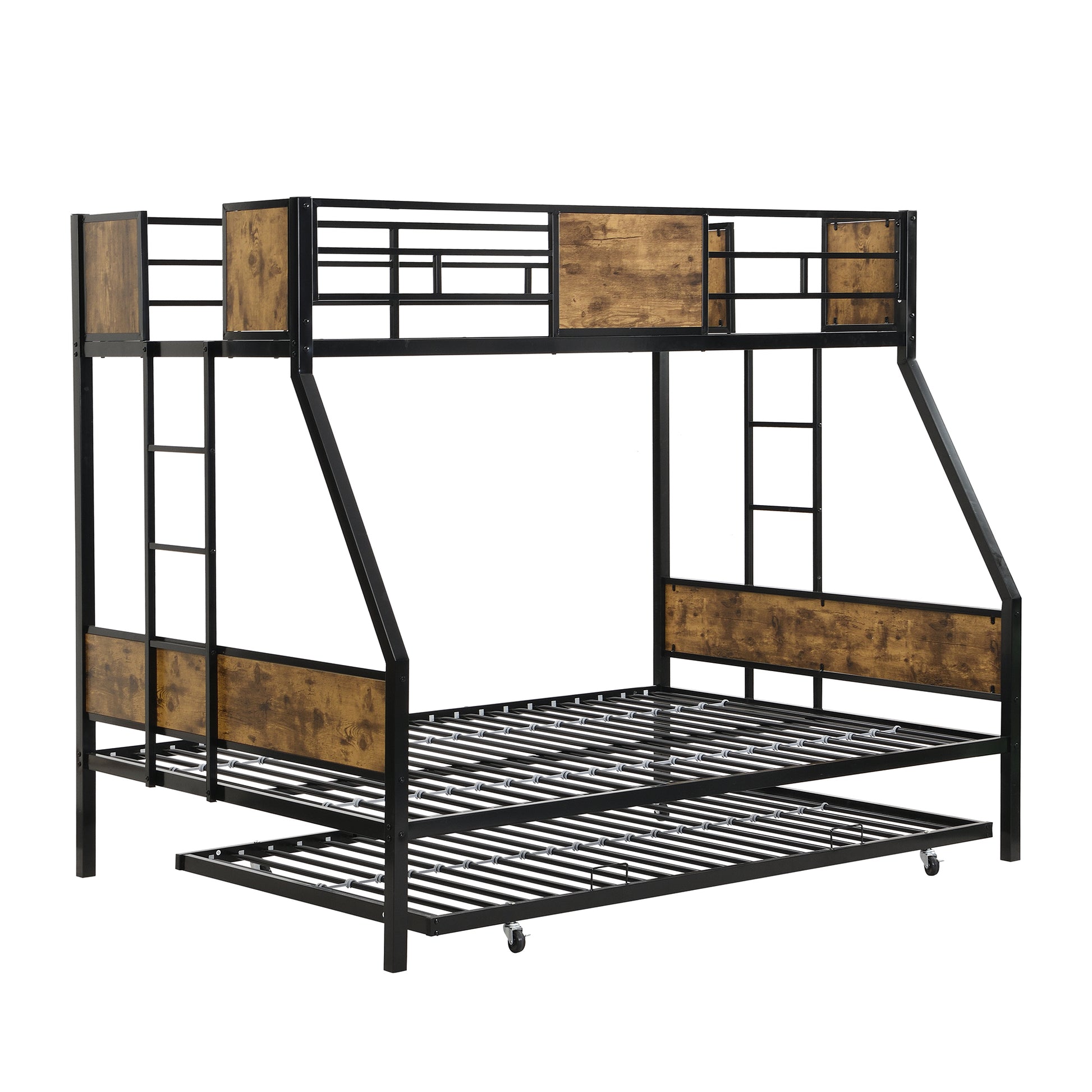 Twin Over Full Metal Bunk Bed With Trundle 2 Side Ladder And Full Length Guardrail, No Box Spring Needed, Large Under Bed Storage, Easy Assembleblack & Brown Black Brown Mdf Metal