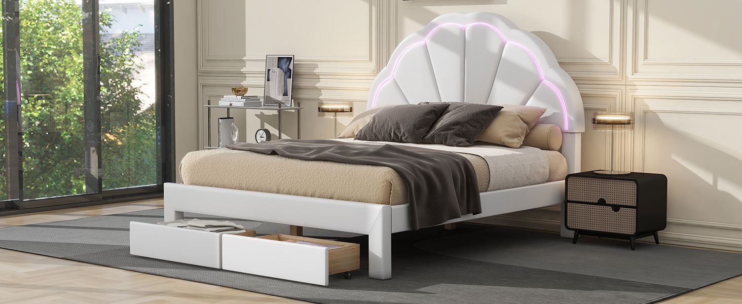 Full Size Upholstered Platform Bed With Seashell Shaped Headboard, Led And 2 Drawers, White Box Spring Not Required Full White Wood Bedroom Bed Frame Faux Leather Upholstered