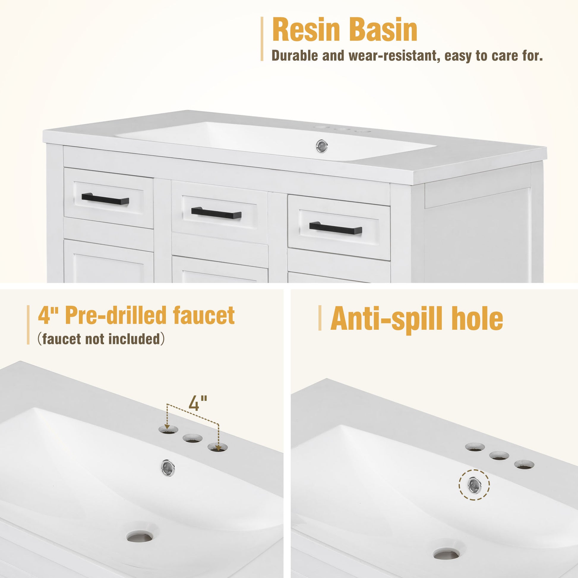 36" Bathroom Vanity Cabinet With Resin Integrated Sink 4 Drawers, 2 Doors White Solid Wood Mdf Resin