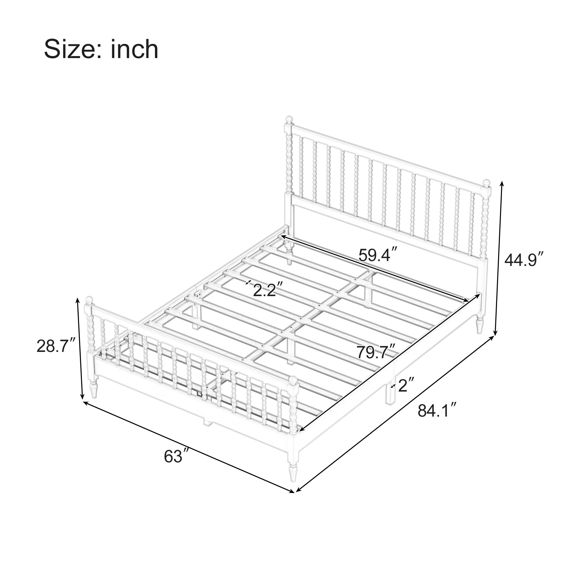 Queen Size Wood Platform Bed with Gourd Shaped white-wood