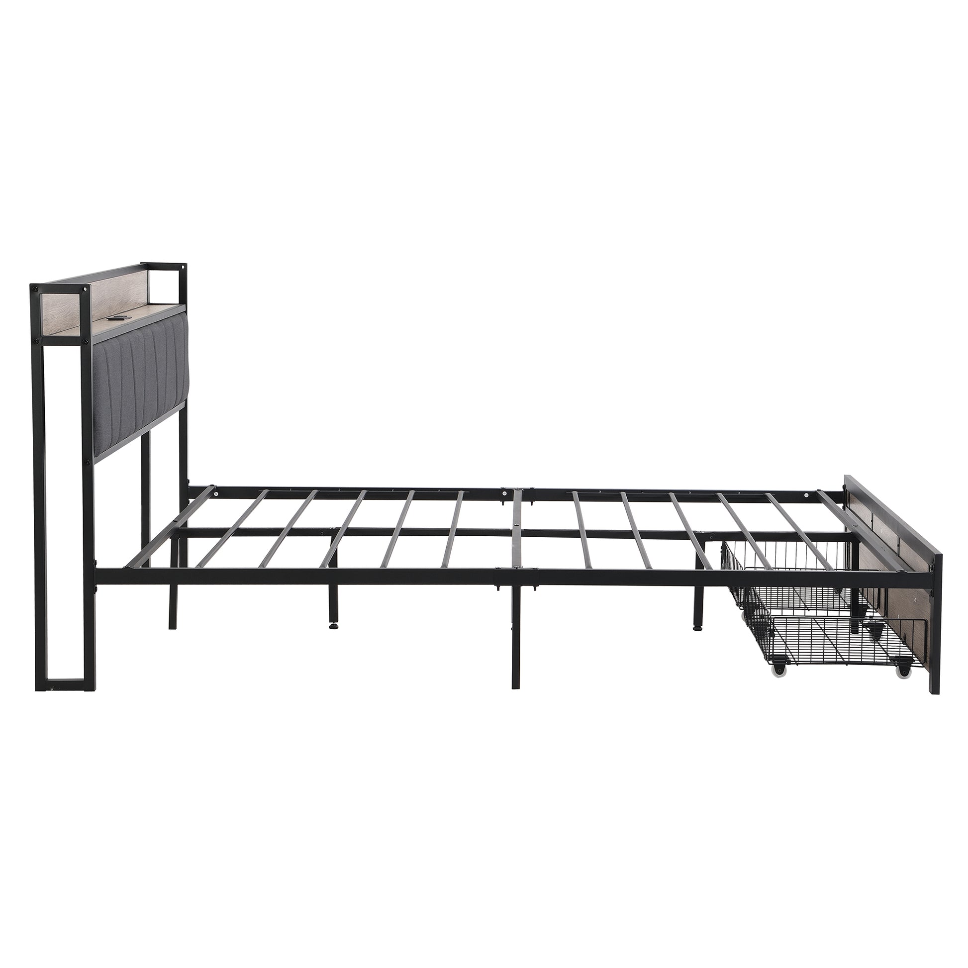 Queen Size Metal Platform Bed Frame With Upholstery Storage Function Headboardand Usb Liner And Footboard With Drawersno Box Spring Needed, Large Under Bed Storage, Easy Assemble Black Gray Mdf Metal