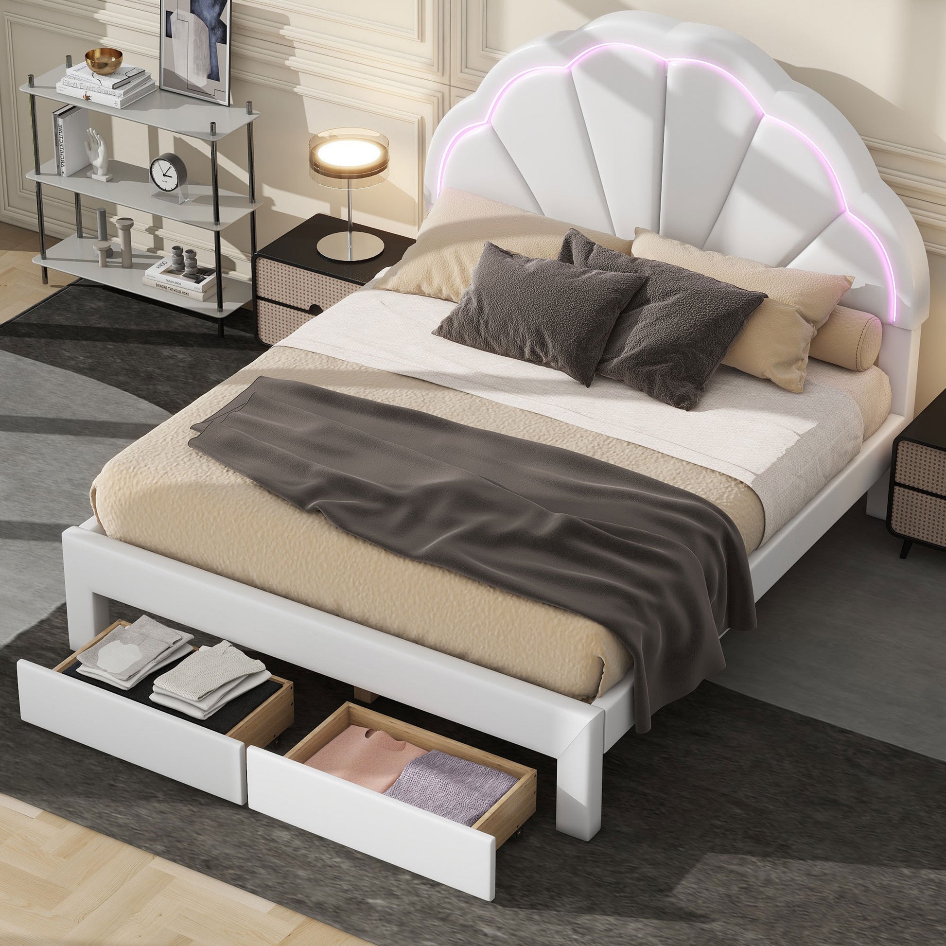 Full Size Upholstered Platform Bed With Seashell Shaped Headboard, Led And 2 Drawers, White Box Spring Not Required Full White Wood Bedroom Bed Frame Faux Leather Upholstered