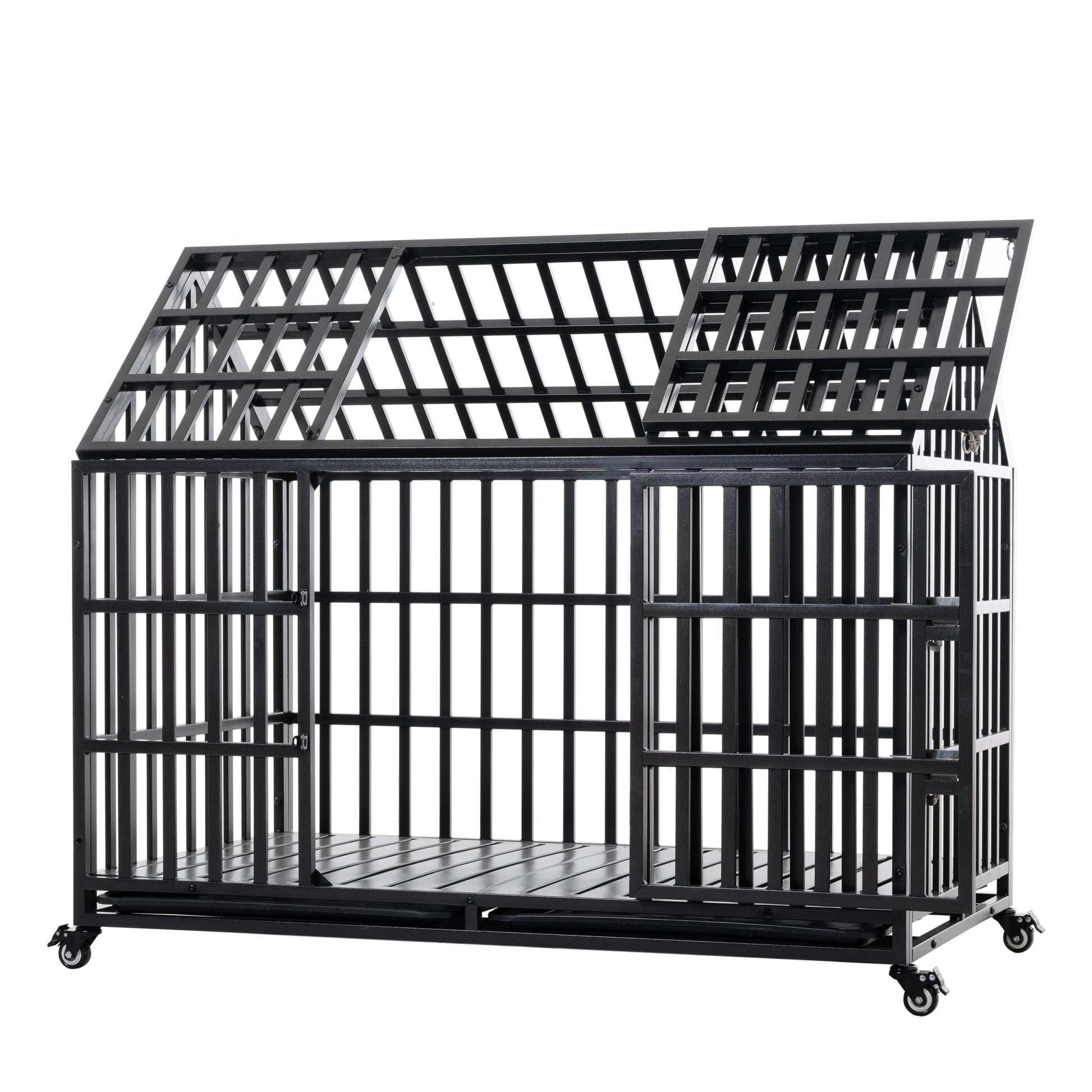 52" Heavy Duty Dog Crate Large Dog Cage Strong Metal Dog Kennels And Crates For Large Dogs With 4 Lockable Wheels Black Carbon Steel