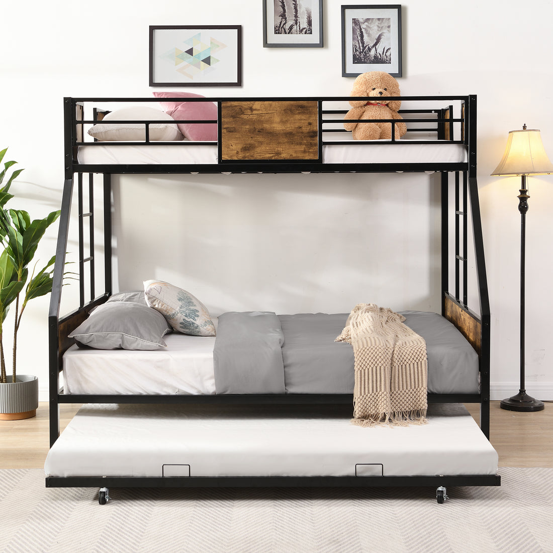 Twin Over Full Metal Bunk Bed With Trundle 2 Side Ladder And Full Length Guardrail, No Box Spring Needed, Large Under Bed Storage, Easy Assembleblack & Brown Black Brown Mdf Metal