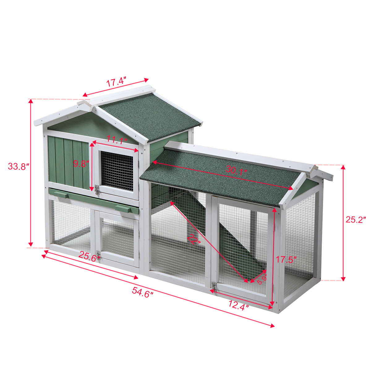 Large Wooden Rabbit Hutch Indoor And Outdoor Bunny Cage With A Removable Tray And A Waterproof Roof, Grey Green White Green Wood