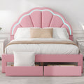 Full Size Upholstered Platform Bed With Seashell Shaped Headboard, Led And 2 Drawers, Pink Box Spring Not Required Full Pink Wood Bedroom Bed Frame Faux Leather Upholstered