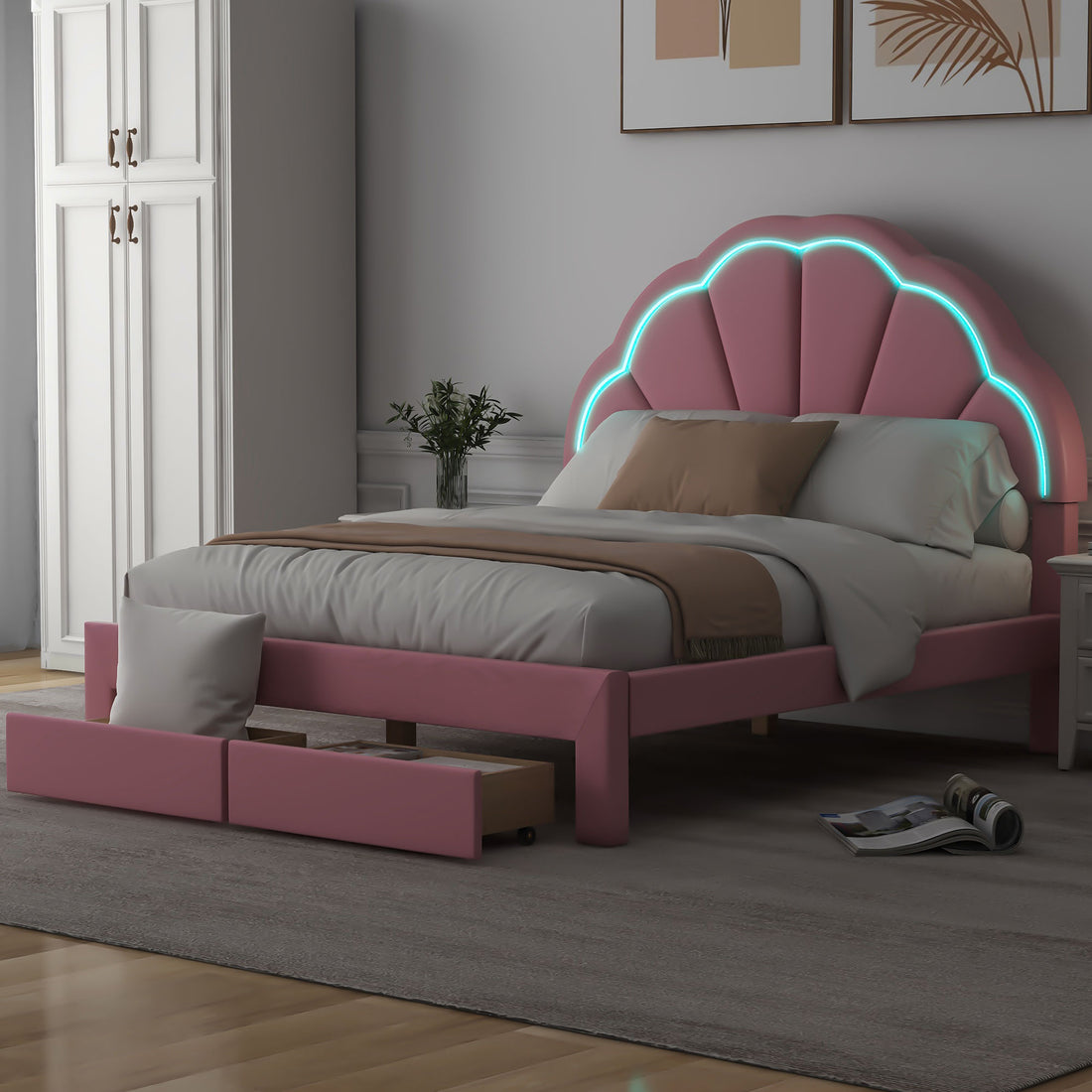 Full Size Upholstered Platform Bed With Seashell Shaped Headboard, Led And 2 Drawers, Pink Box Spring Not Required Full Pink Wood Bedroom Bed Frame Faux Leather Upholstered