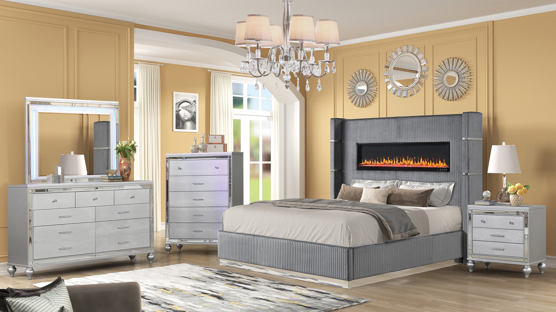 Lizelle Upholstery Wooden Queen 5 Pc Bedroom Set With Ambient Lighting In Gray Velvet Finish Box Spring Required Queen Gray Wood 5 Piece Set Bedroom Bed Included,Chest Included,Dresser Included,Mirror Included,Nightstand Included Modern Solid Wood Mdf