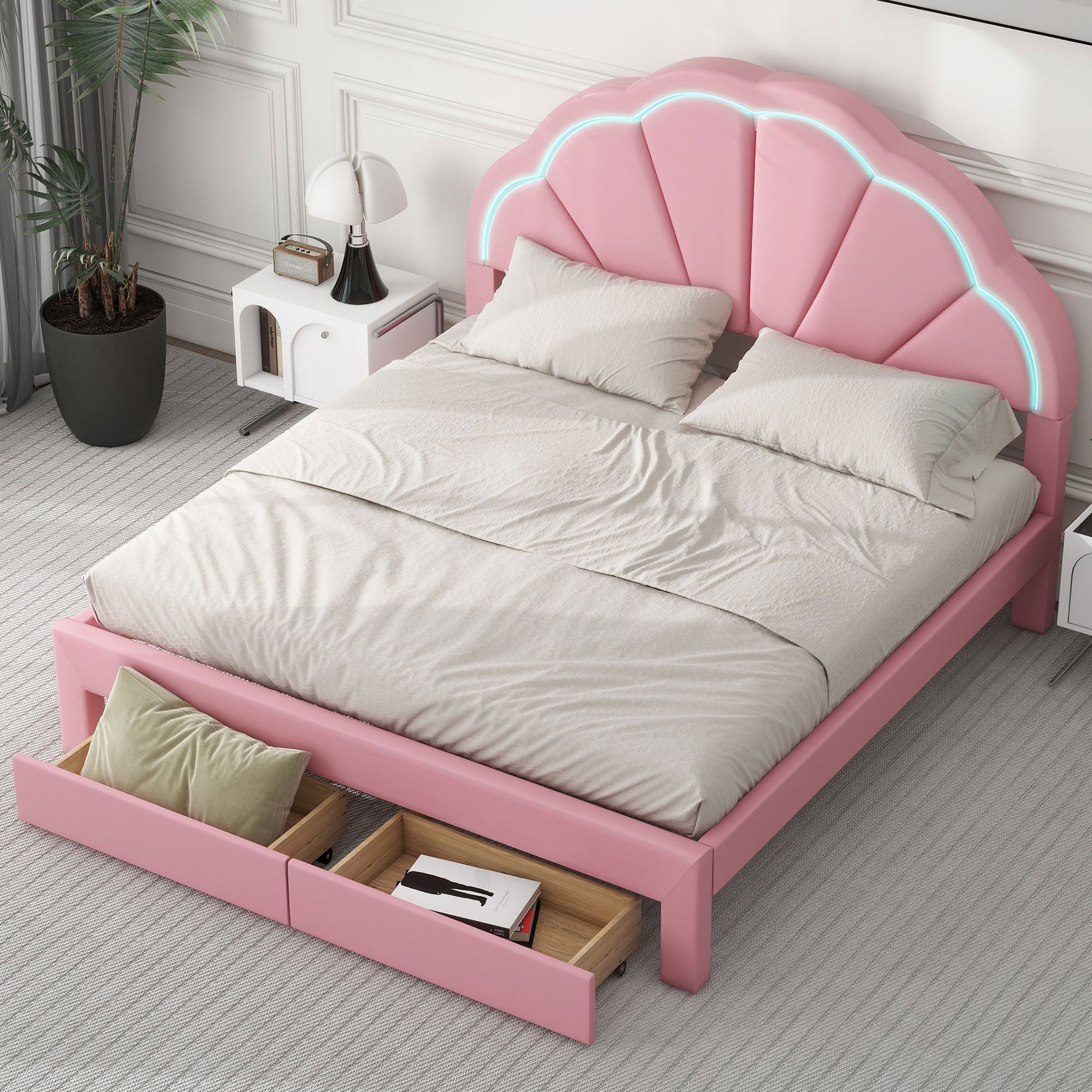 Queen Size Upholstered Platform Bed With Seashell Shaped Headboard, Led And 2 Drawers, Pink Box Spring Not Required Queen Pink Wood Bedroom Bed Frame Faux Leather Upholstered