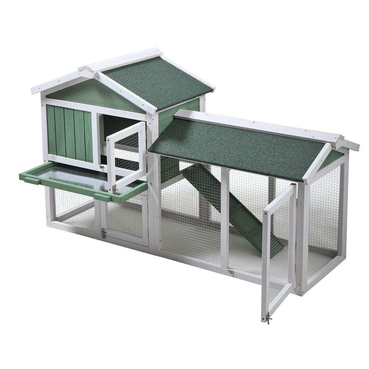 Large Wooden Rabbit Hutch Indoor And Outdoor Bunny Cage With A Removable Tray And A Waterproof Roof, Grey Green White Green Wood