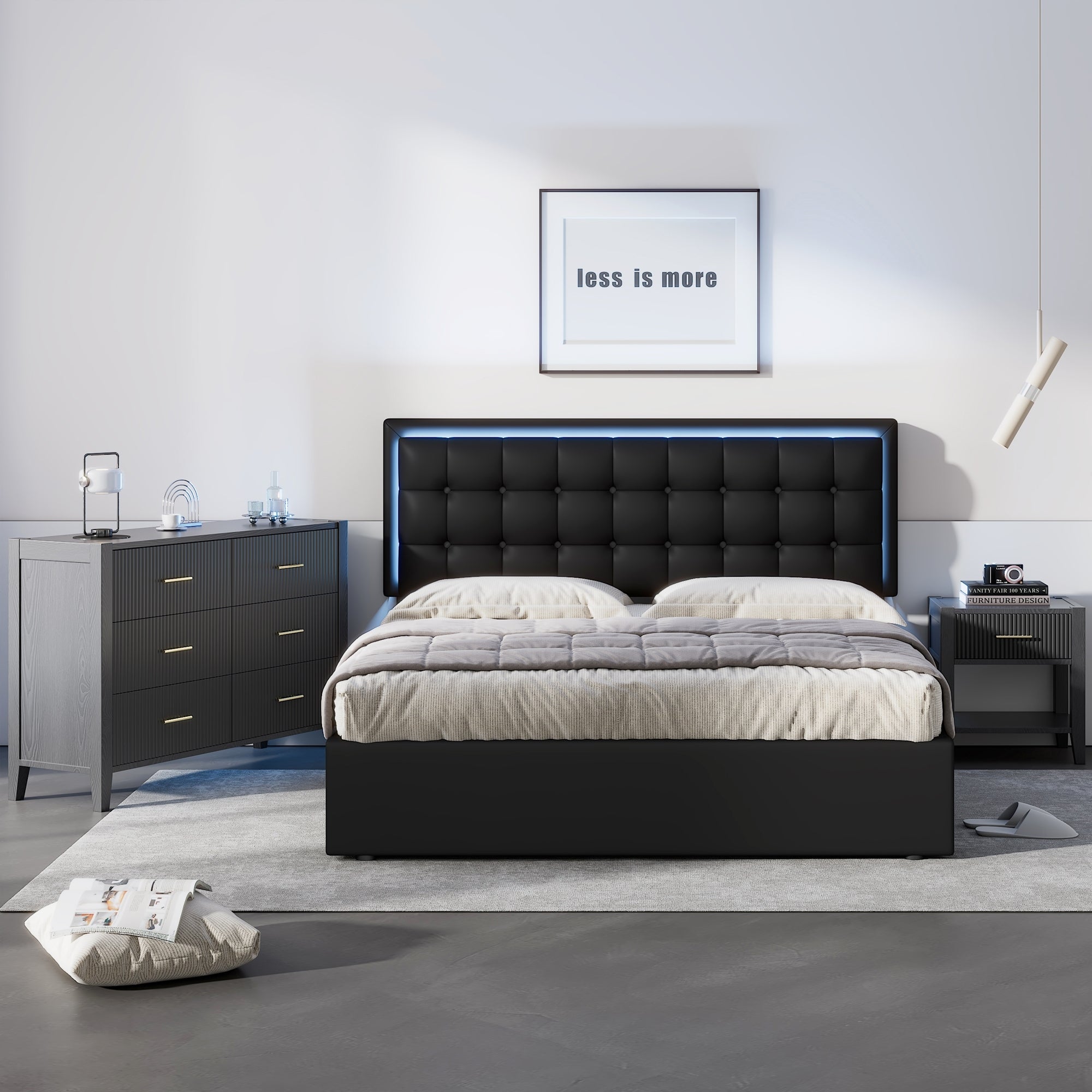 3 Pieces Bedroom Sets Queen Size Tufted Upholstered PU black-particle board