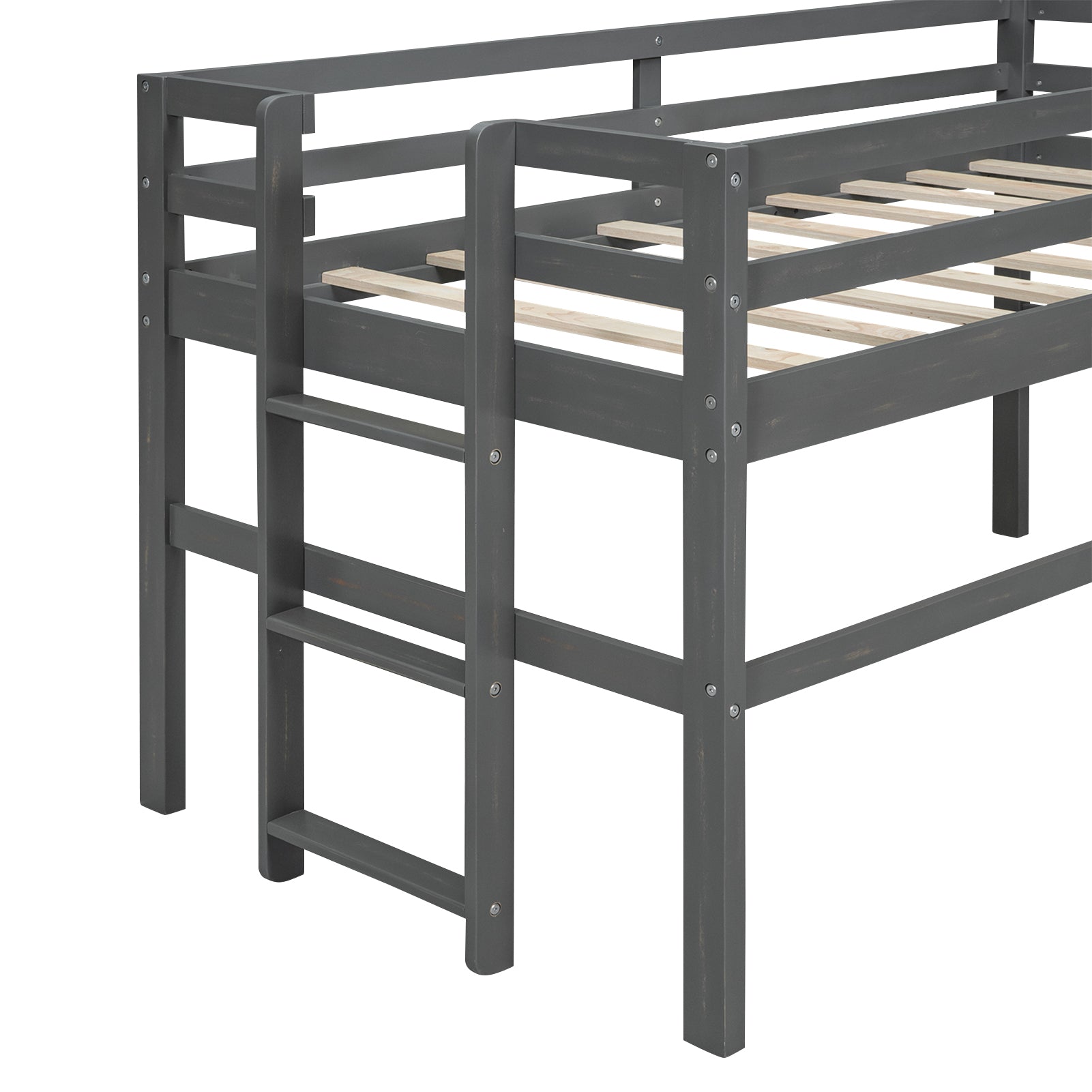 Wood Twin Size Loft Bed With Side Ladder, Antique Grey Box Spring Not Required Twin Antique Gray Wood Bedroom Solid Wood Mdf