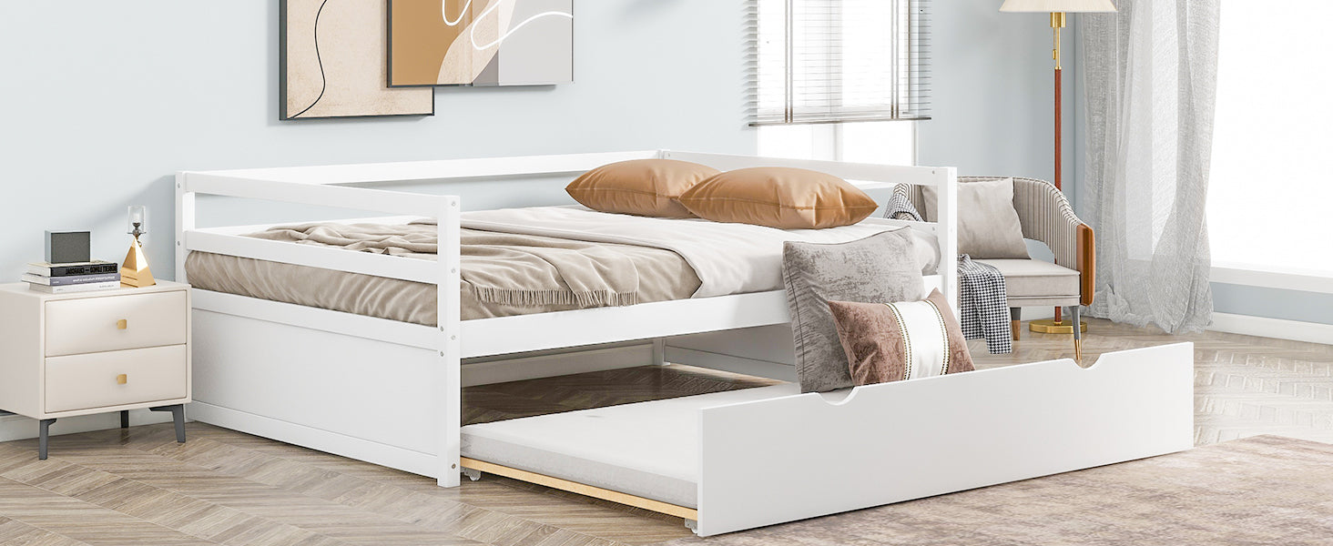 Twin Size Wood Daybed with Twin Size Trundle, White box spring not required-twin-white-wood-solid