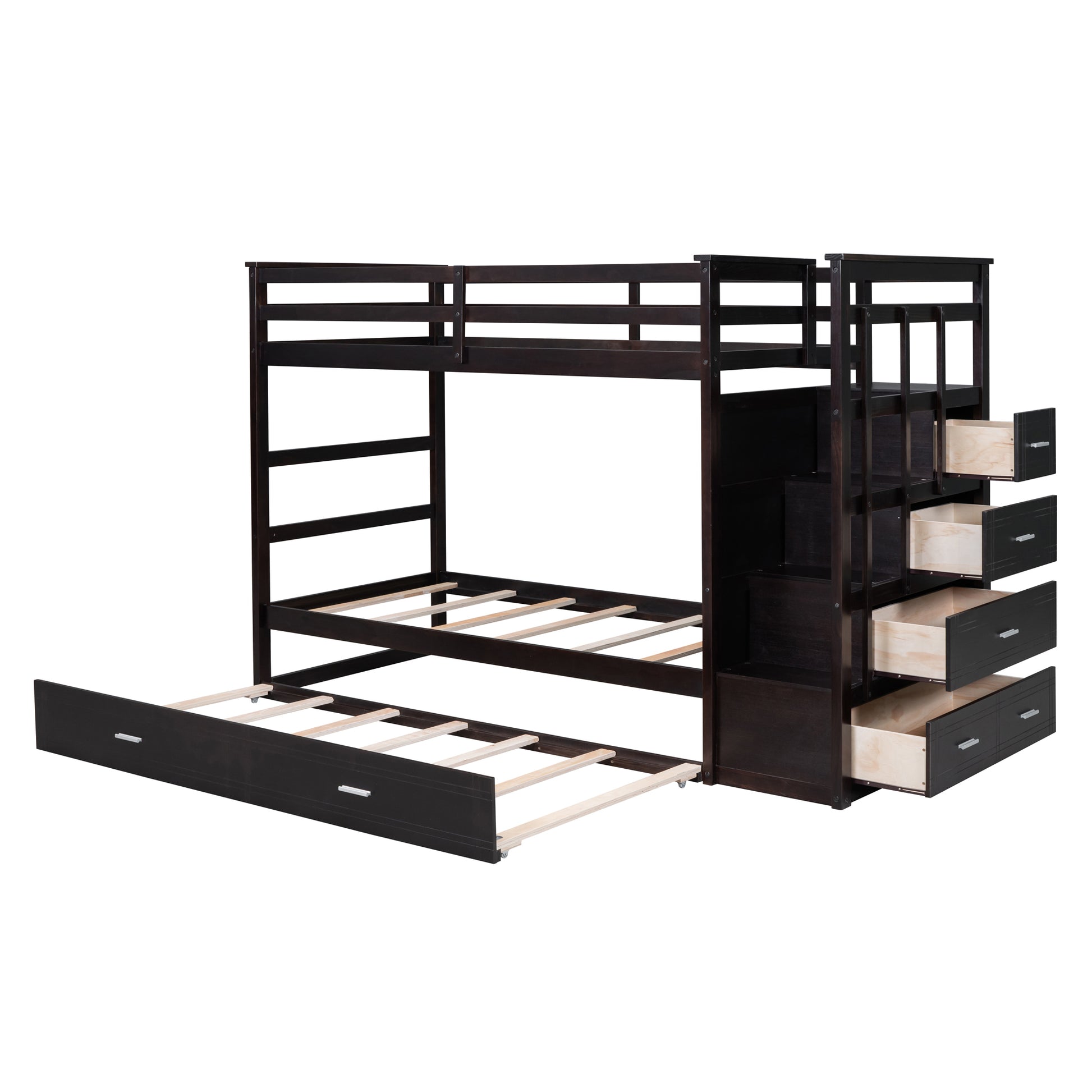 Twin Over Twin Bunk Bed With Trundle And Staircase,Espresso Old Sku:Lt000068Aap Espresso Solid Wood