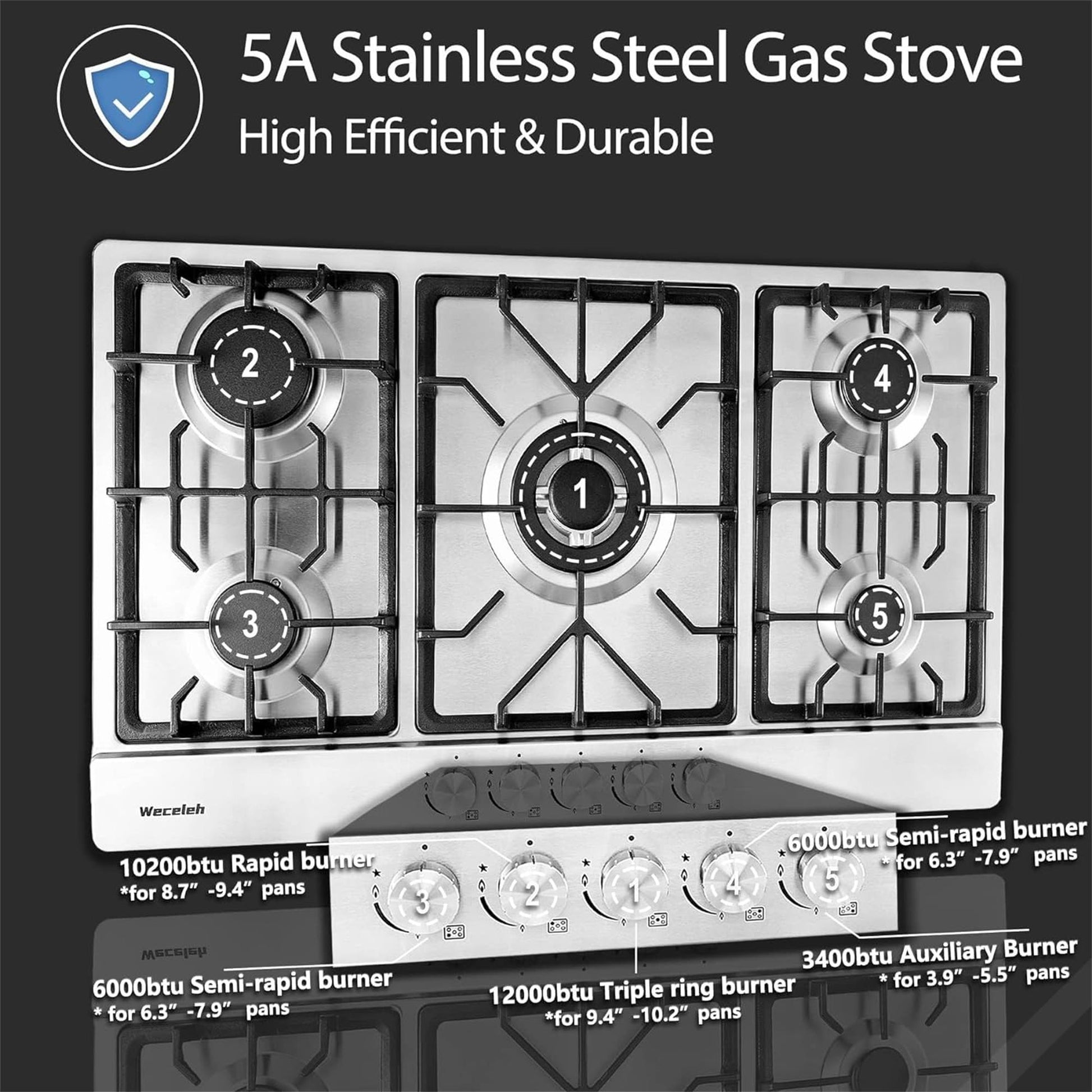 34" Built in Gas Cooktop Stove Top 5 Burners LPG NG silver-kitchen-modern-stainless steel