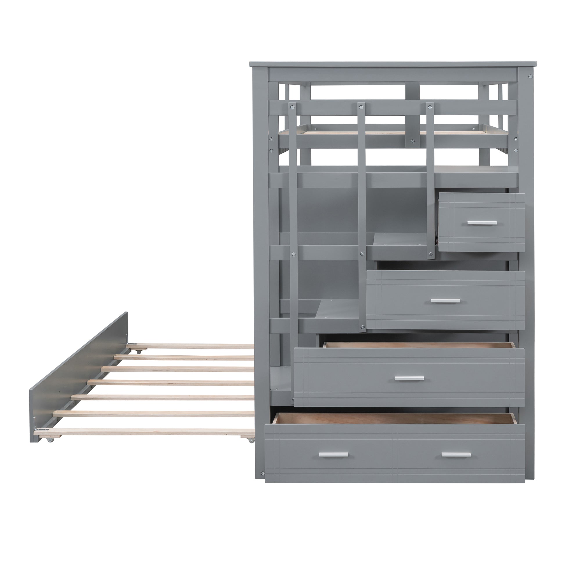 Twin Over Twin Bunk Bed With Trundle And Staircase,Gray Old Sku:Lt000068Aae Gray Solid Wood