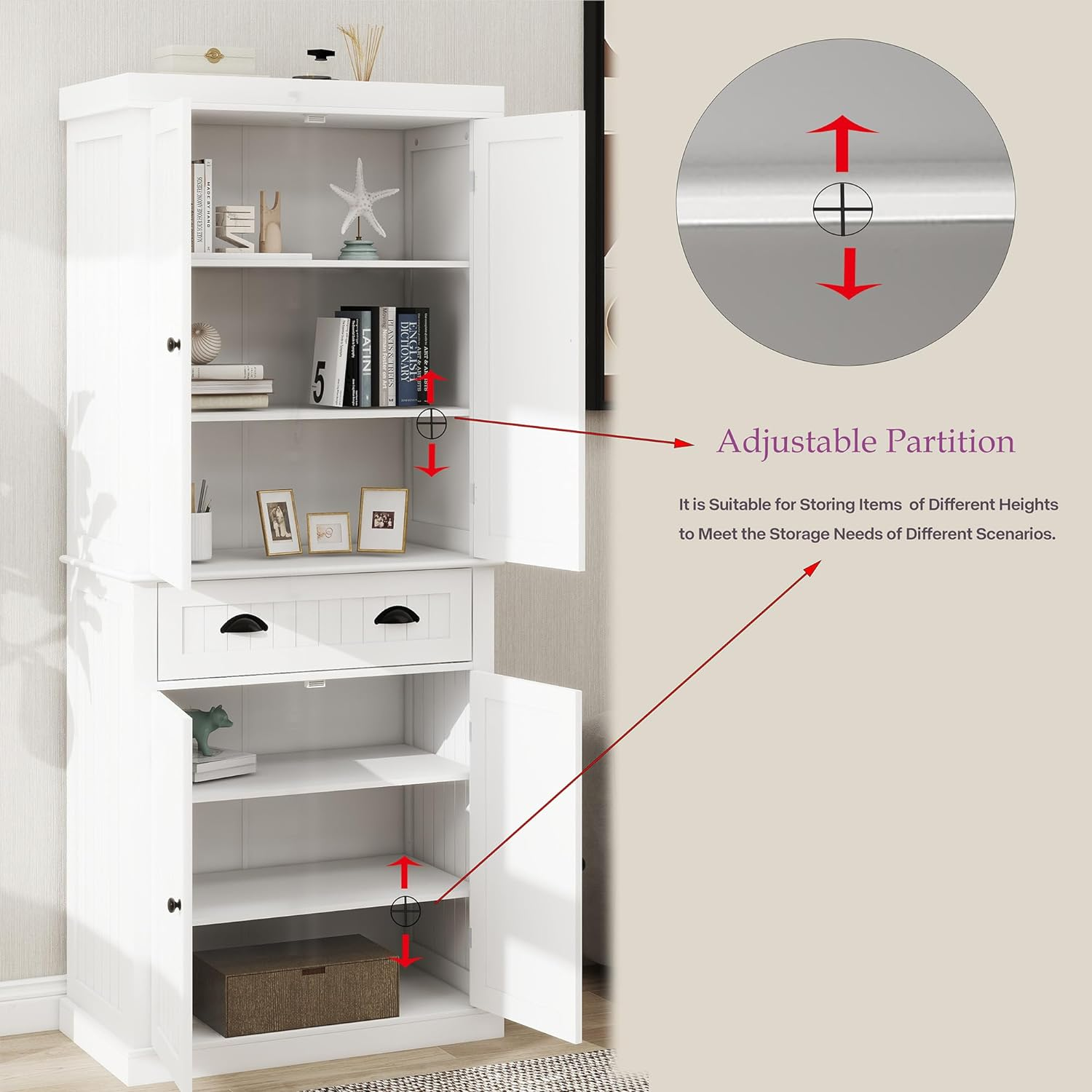 71" Kitchen Pantry Storage Cabinetwith 4 Doors, Drawer, 2 Adjustable Shelves, Freestanding Cupboard For Dining Room Living Room, Laundry White White Mdf