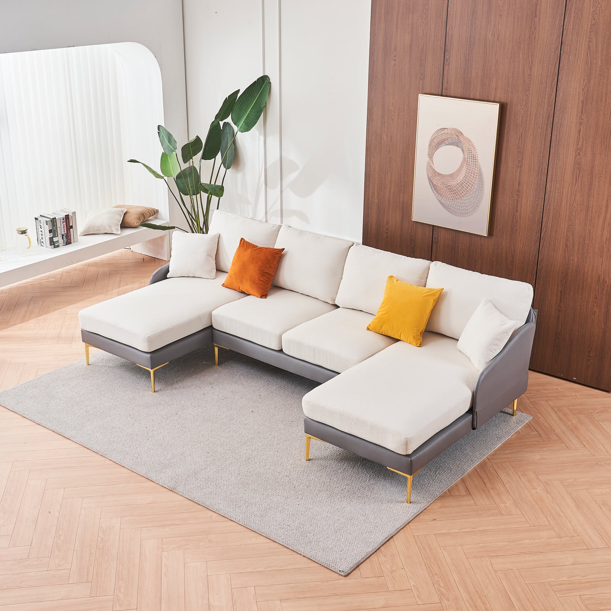 Modern Large Area Linen Leathaire Fabric Color Matching Segmented Sofa, Ultra Wide Lounge Chair, Golden Legs, U Shaped, Gray White Grey Primary Living Space Wood