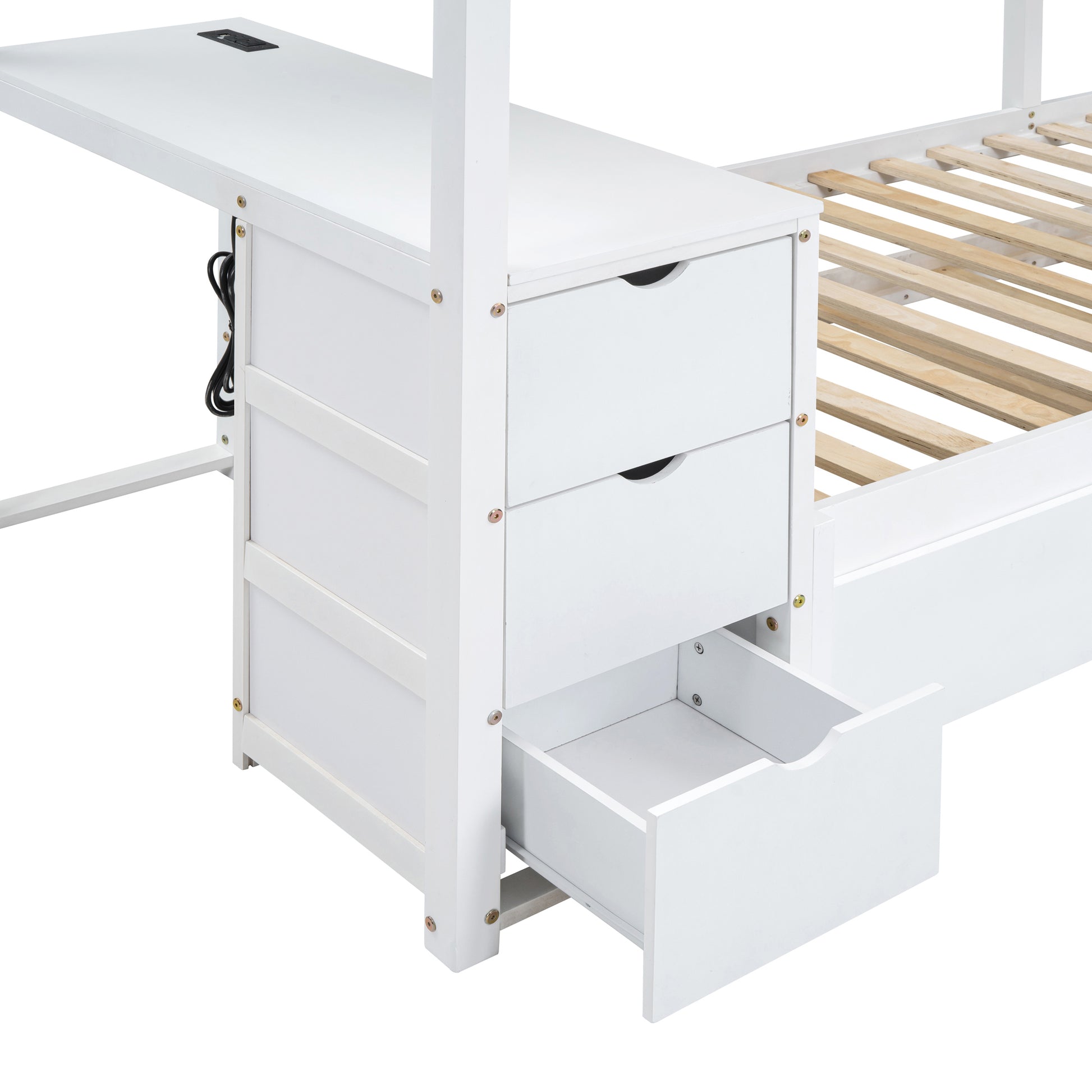 Twin Over Twin Bunk Bed With Twin Size Trundle, Storage And Desk, White White Solid Wood