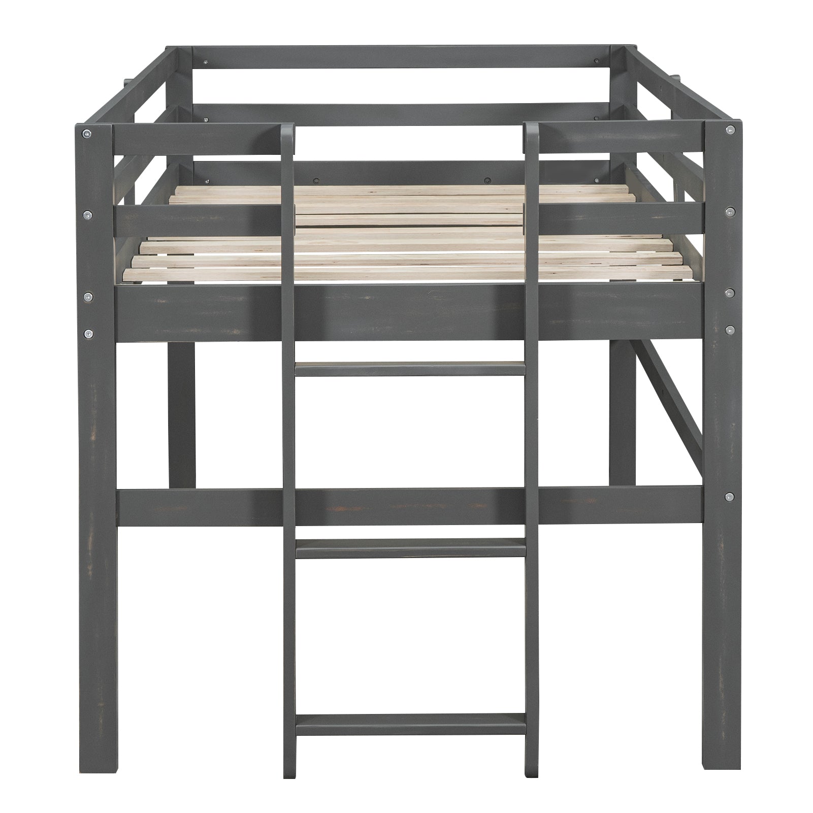 Wood Twin Size Loft Bed With Side Ladder, Antique Grey Box Spring Not Required Twin Antique Gray Wood Bedroom Solid Wood Mdf