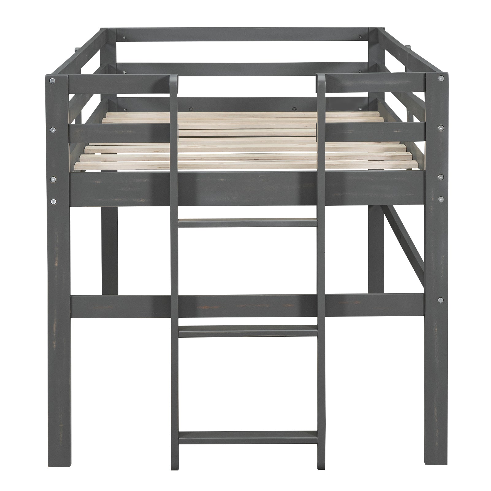 Wood Twin Size Loft Bed with Side Ladder, Antique Grey box spring not required-twin-antique