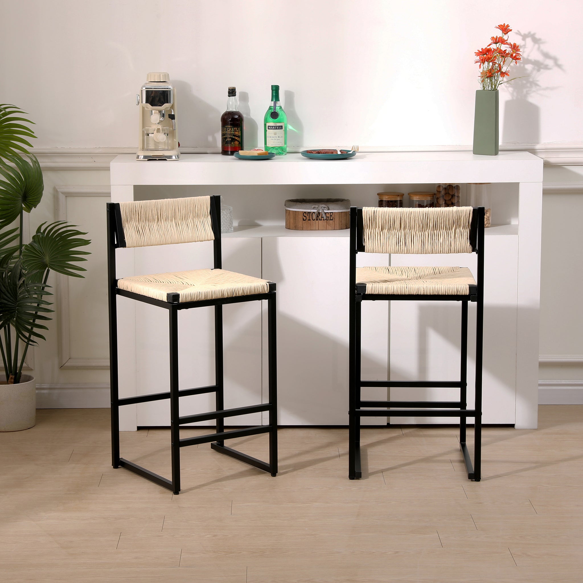 Creamy White Paper Rope Woven Bar Stools Set Of 2 Hand Weave Counter Stool With Footrest For Kitchen Island, Dining Room Creamy White Metal Creamy White Dining Room Unfinished Rectangular Dry Clean Farmhouse Bar Stools Paper Rope