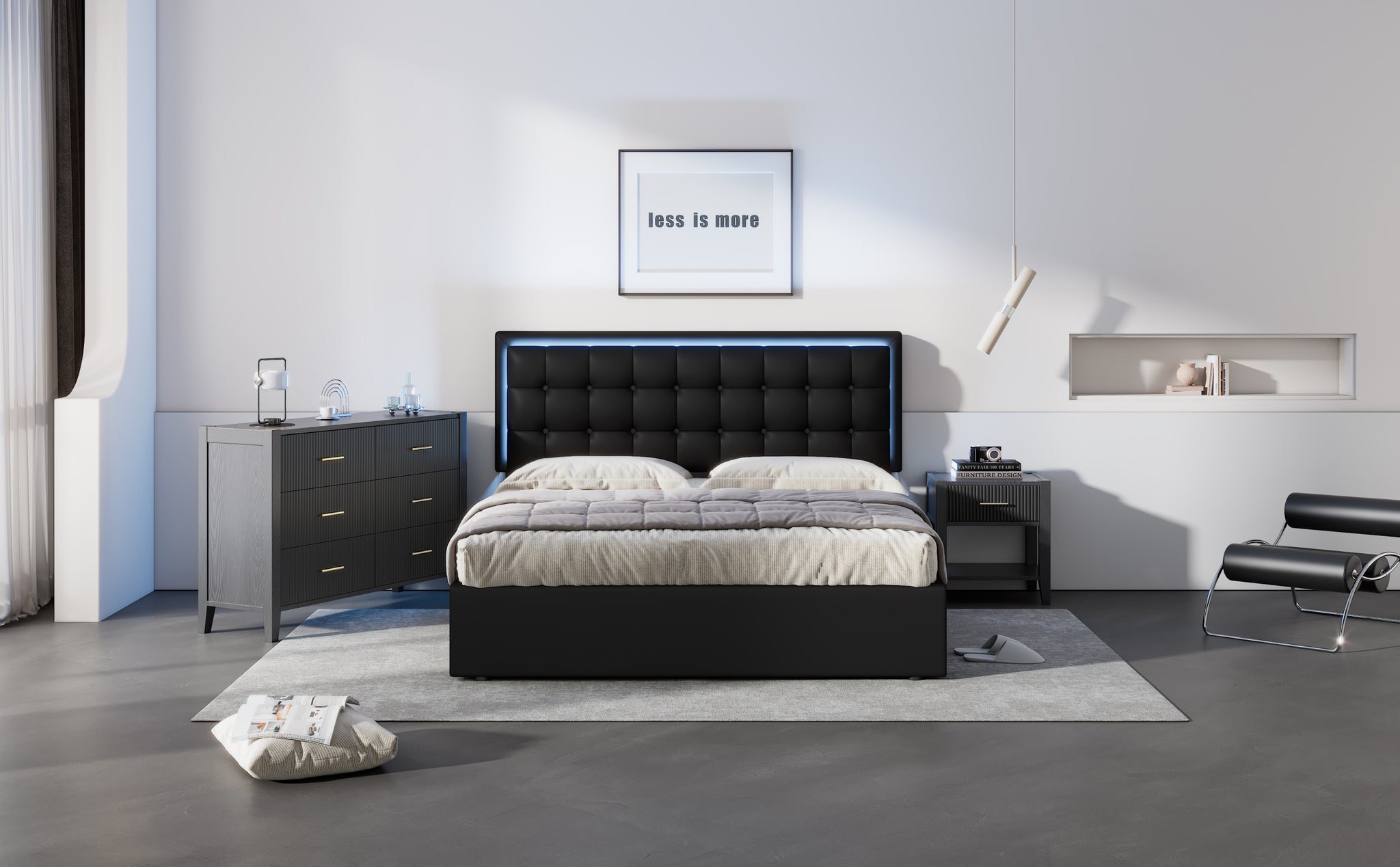 3 Pieces Bedroom Sets Queen Size Tufted Upholstered PU black-particle board