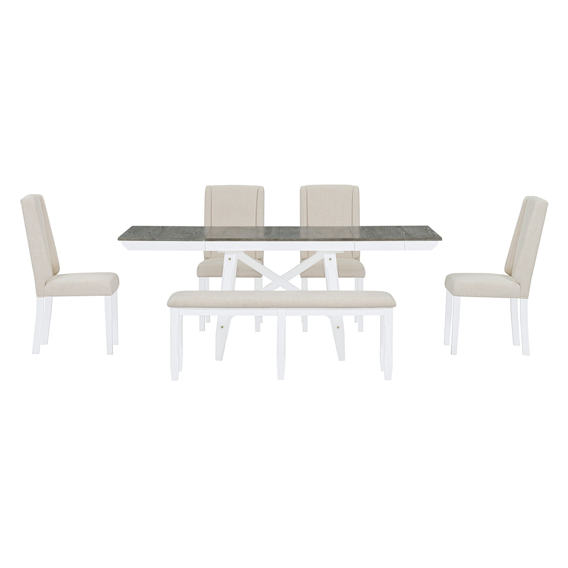 6 Piece Classic Dining Table Set, Rectangular Extendable Dining Table With Two 12"W Removable Leaves And 4 Upholstered Chairs & 1 Bench For Dining Room Brown White Brown White Solid Wood