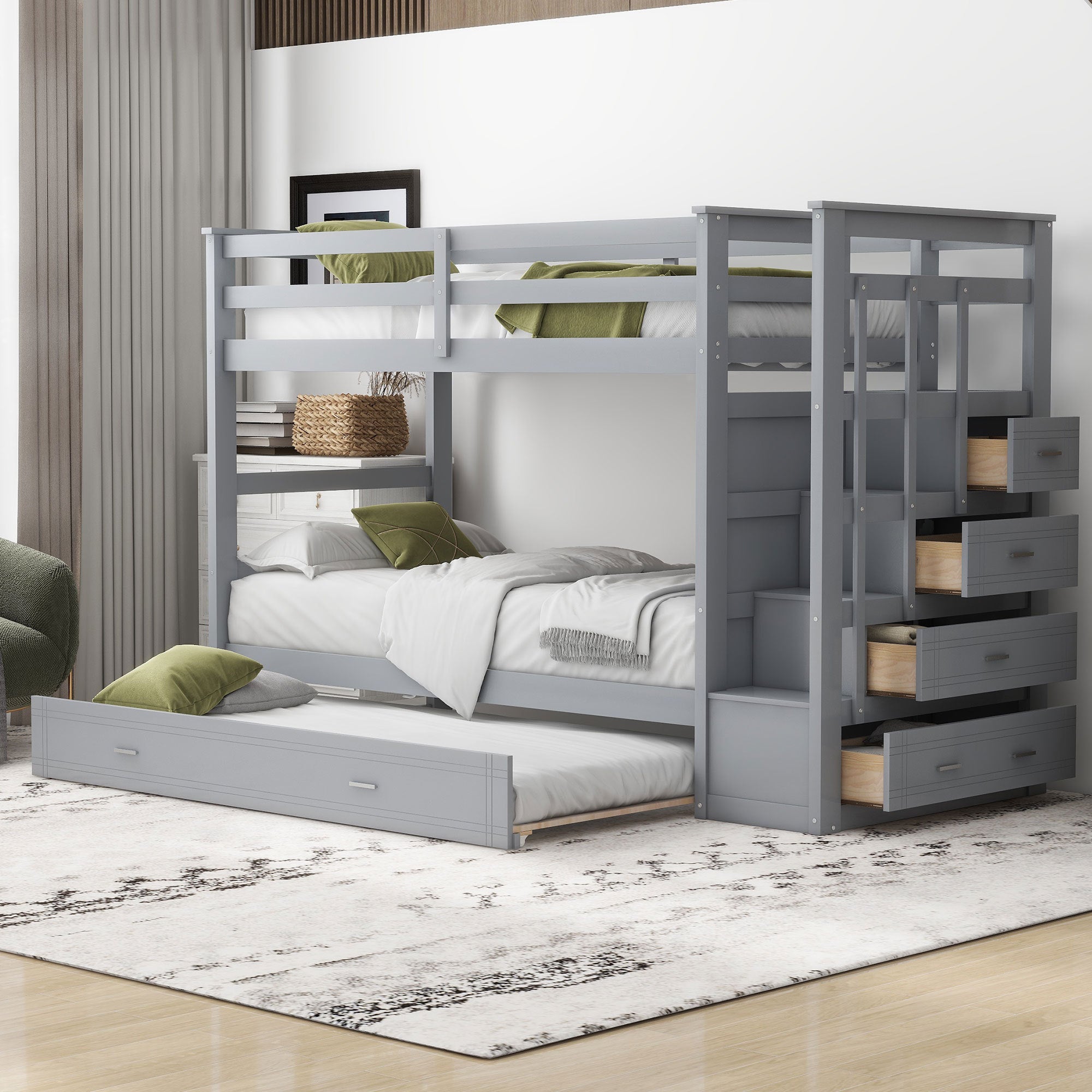 Twin Over Twin Bunk Bed With Trundle And Staircase,Gray Old Sku:Lt000068Aae Gray Solid Wood