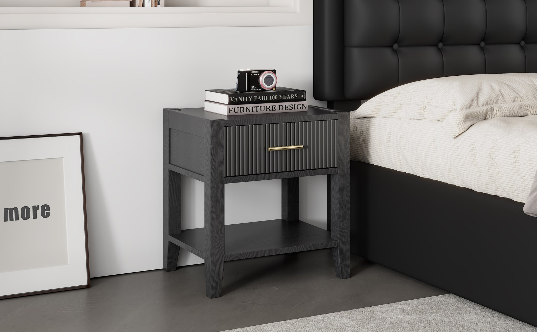 Wooden Nightstand with a Drawer and an Open black-particle board