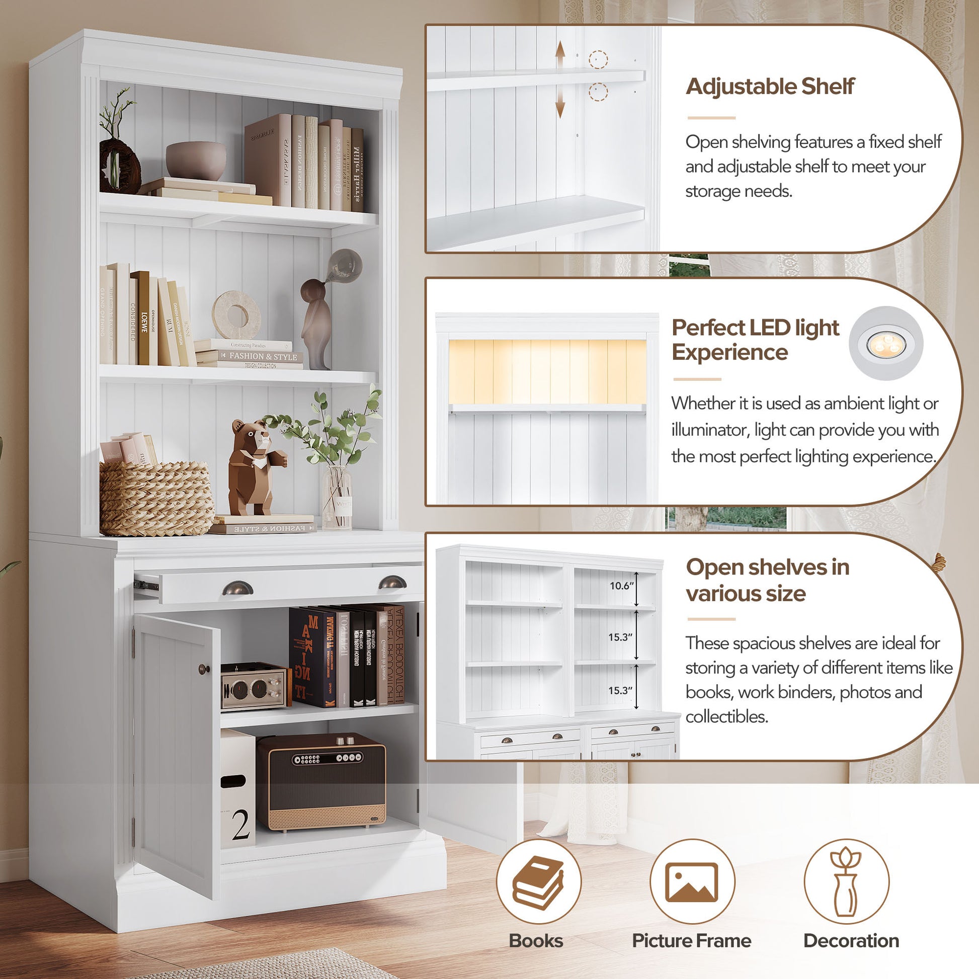 83.4"Tall Bookshelf Suite, Modern Bookcase Suite With Led Lighting,Doors And Drawers,2 Piece Set Storage Bookcase With Open Shelves For Living Room,Home Office,White White Solid Wood Mdf