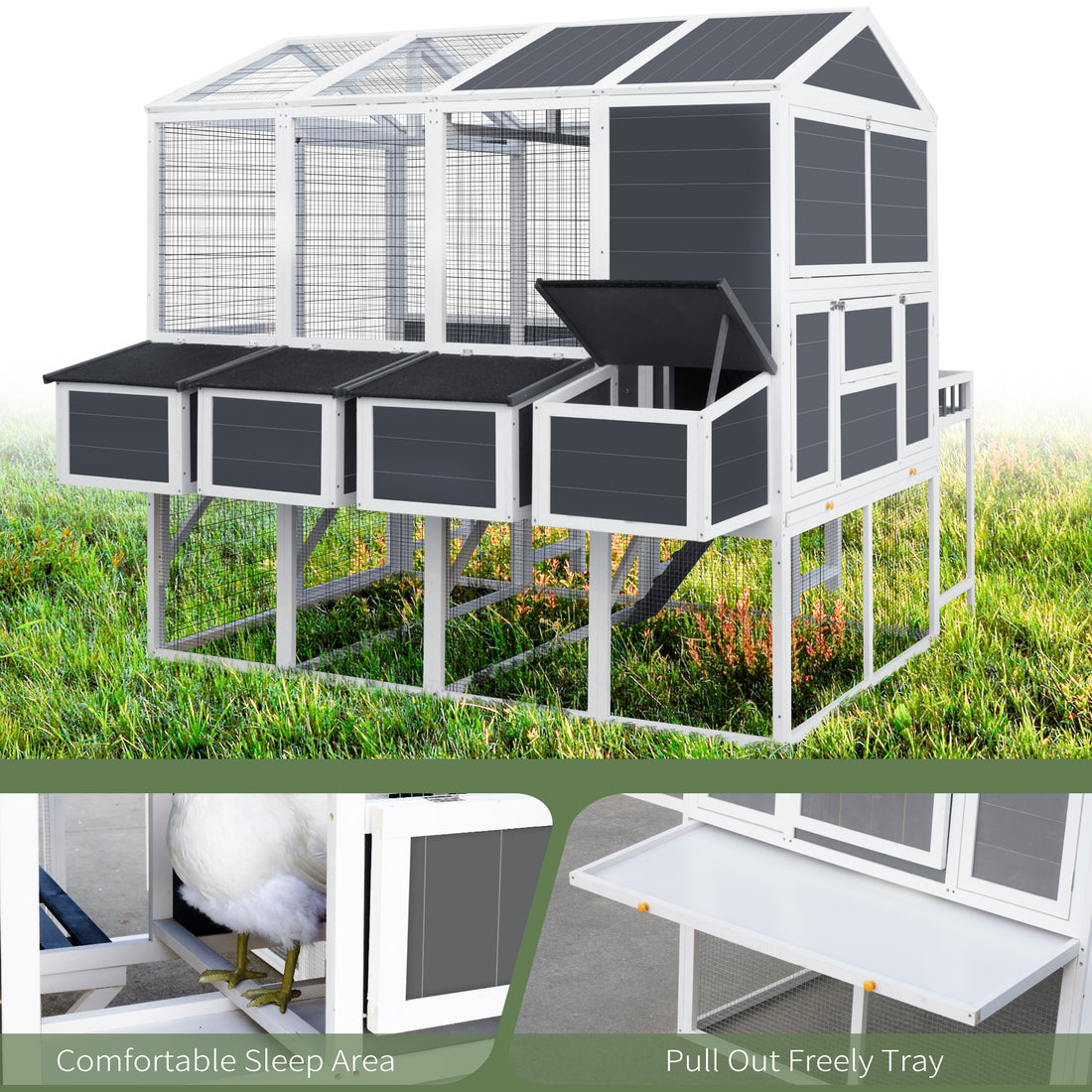 Chicken Coop With Chicken Run, Chicken Coops For 10 Chickens Outdoor With Nesting Boxeswooden Walk In Chicken House With Pull Out Traysgarden Backyard Cage 95''X80''X83'' Gray Wood