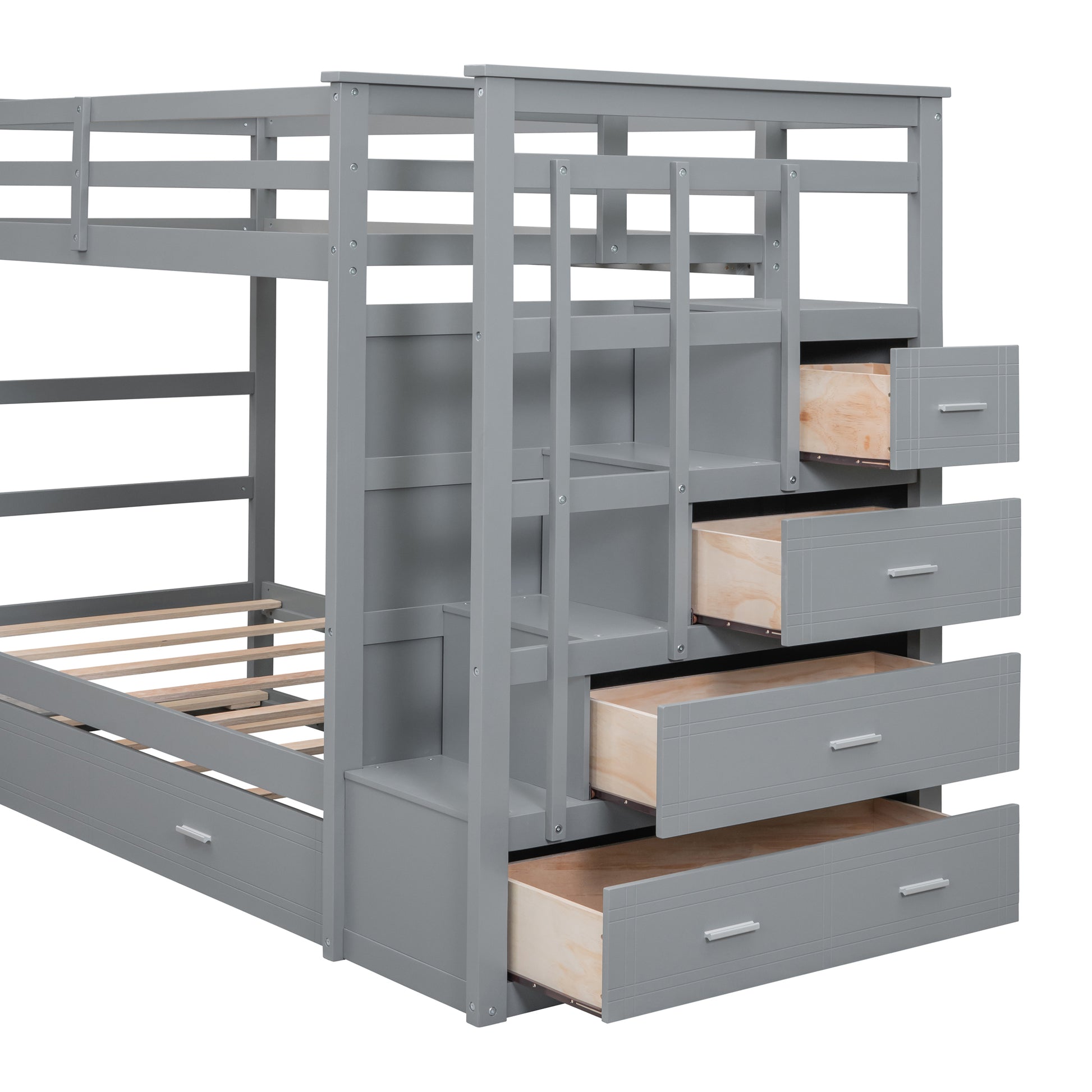 Twin Over Twin Bunk Bed With Trundle And Staircase,Gray Old Sku:Lt000068Aae Gray Solid Wood