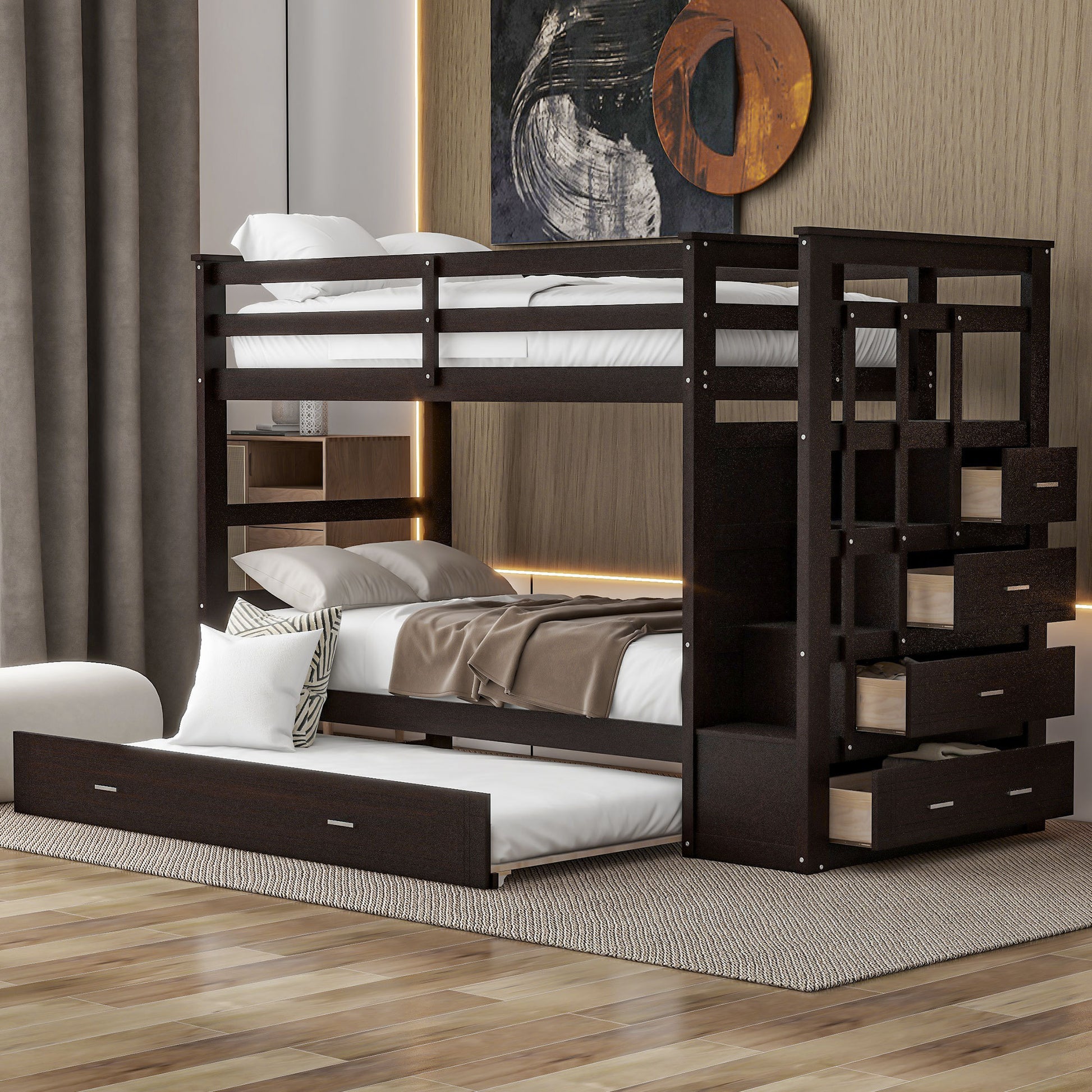 Twin Over Twin Bunk Bed With Trundle And Staircase,Espresso Old Sku:Lt000068Aap Espresso Solid Wood