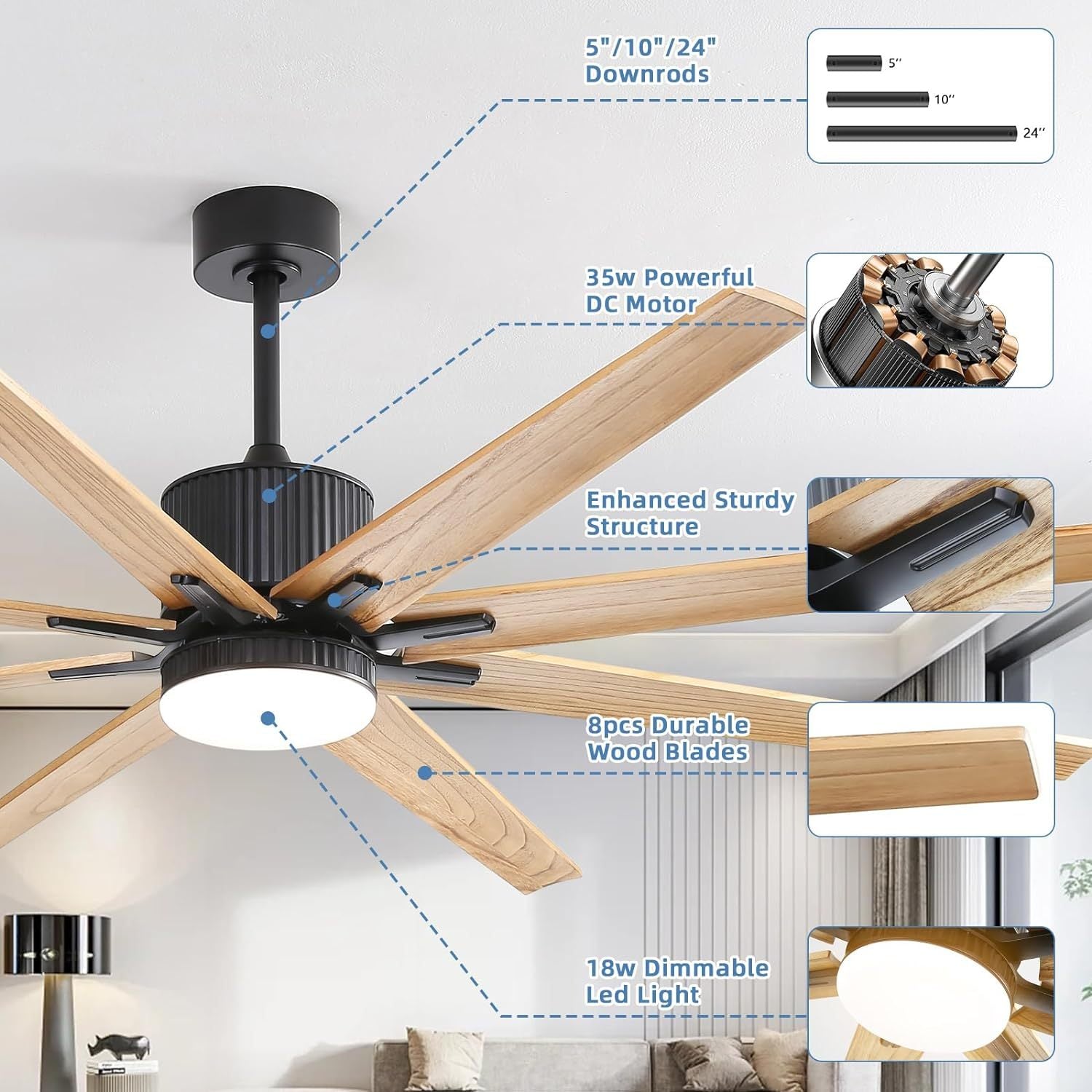 76 Inch Ceiling Fan with Lights Remote Control 8 Solid black-metal & wood