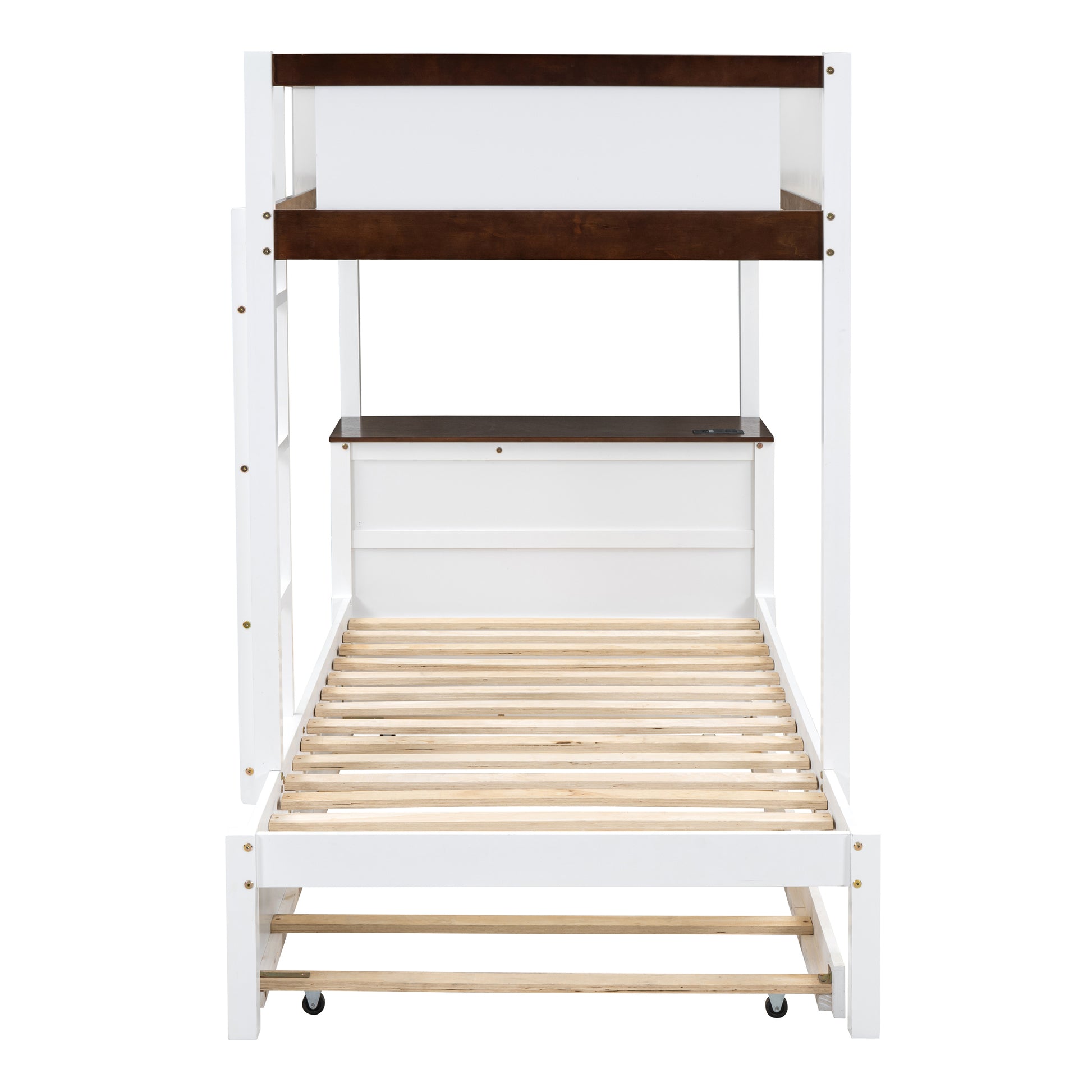 Twin Over Twin Bunk Bed With Twin Size Trundle, Storage And Desk, White Walnut White Walnut Solid Wood