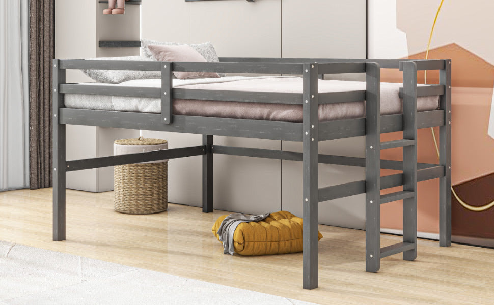 Wood Twin Size Loft Bed with Side Ladder, Antique Grey box spring not required-twin-antique