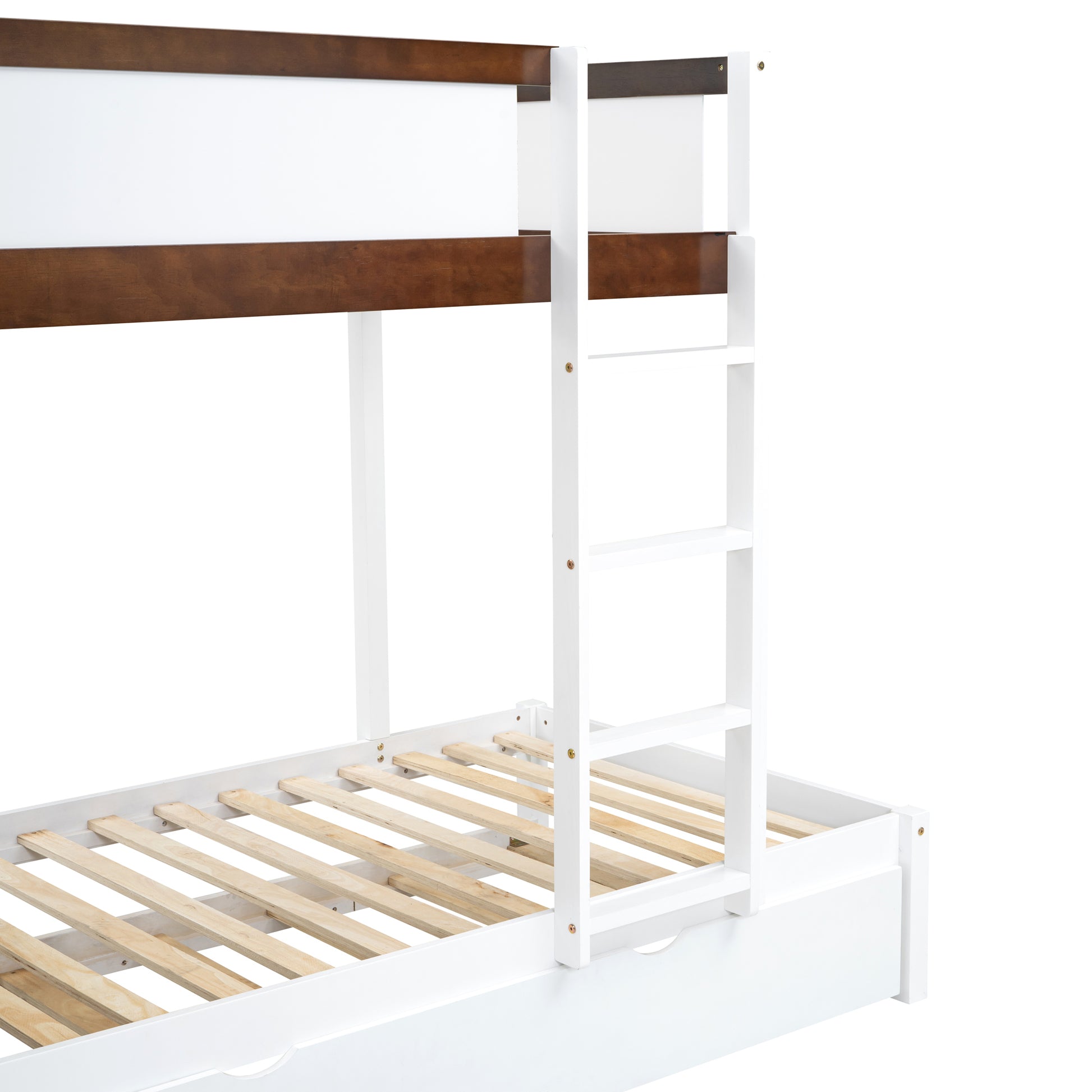 Twin Over Twin Bunk Bed With Twin Size Trundle, Storage And Desk, White Walnut White Walnut Solid Wood