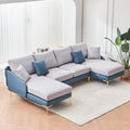 Modern Large Area Linen Leathaire Fabric Color Matching Segmented Sofa, Ultra Wide Lounge Chair, Golden Legs, U Shaped, Blue Light Gray Blue Grey Primary Living Space Wood