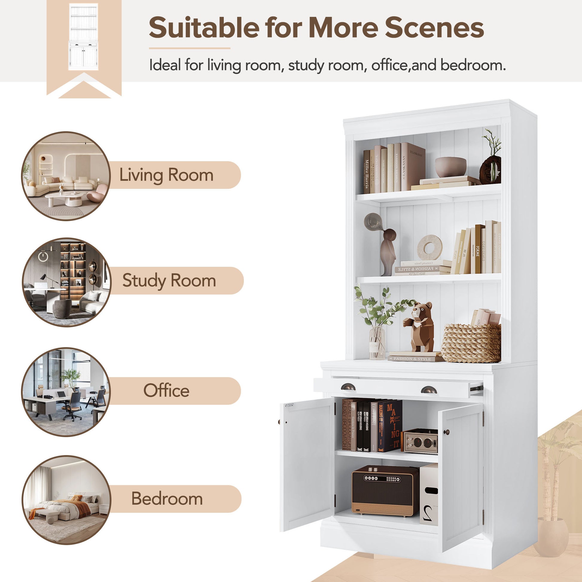 83.4"Tall Bookshelf Suite, Modern Bookcase Suite With Led Lighting,Doors And Drawers,2 Piece Set Storage Bookcase With Open Shelves For Living Room,Home Office,White White Solid Wood Mdf