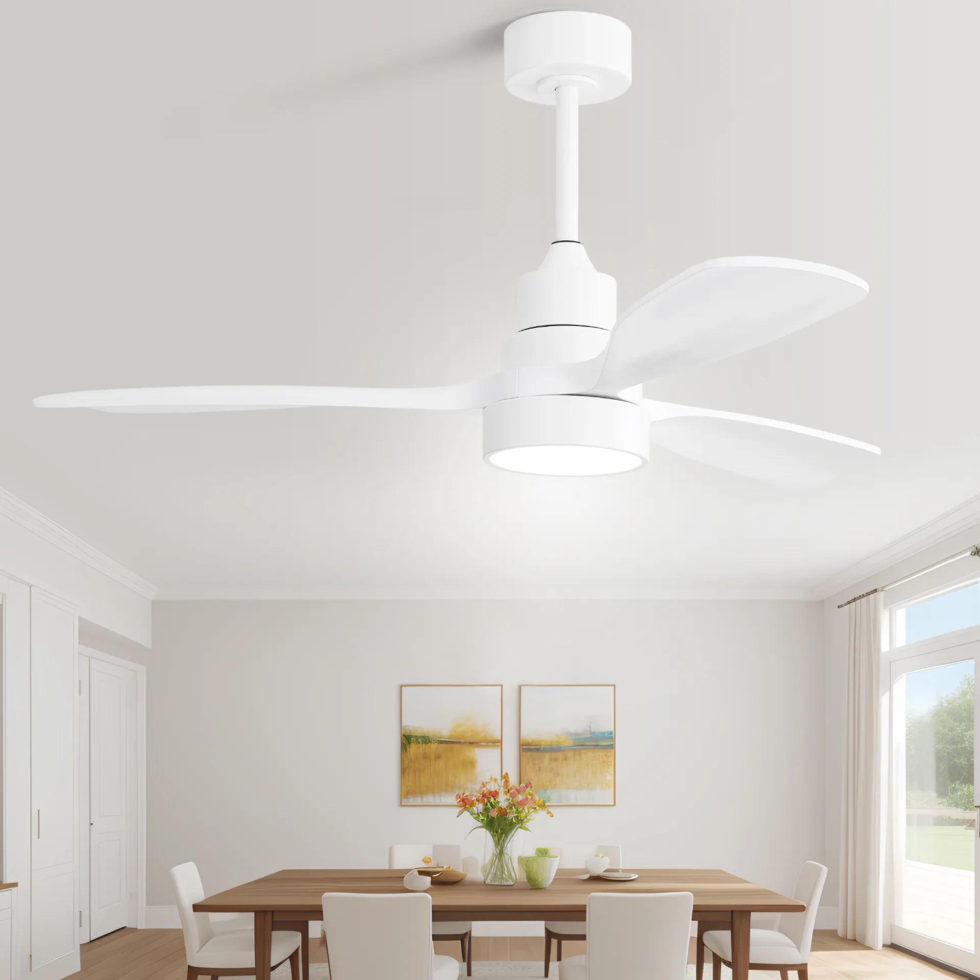 48 Inch Solid Wood Ceiling Fan With Dimmable Light 6 Speed Reversible Dc Motor White Metal & Wood