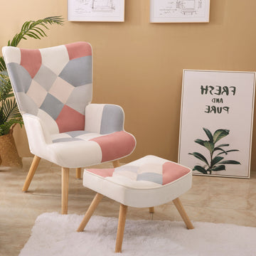 Accent Chair With Ottoman, Living Room Chair And Ottoman Set, Comfy Side Armchair For Bedroom, Creative Splicing Cloth Surface Pink Solid Wood