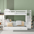 Twin Over Twin Bunk Bed With Trundle And Staircase,White Old Sku:Lt000068Aak White Solid Wood