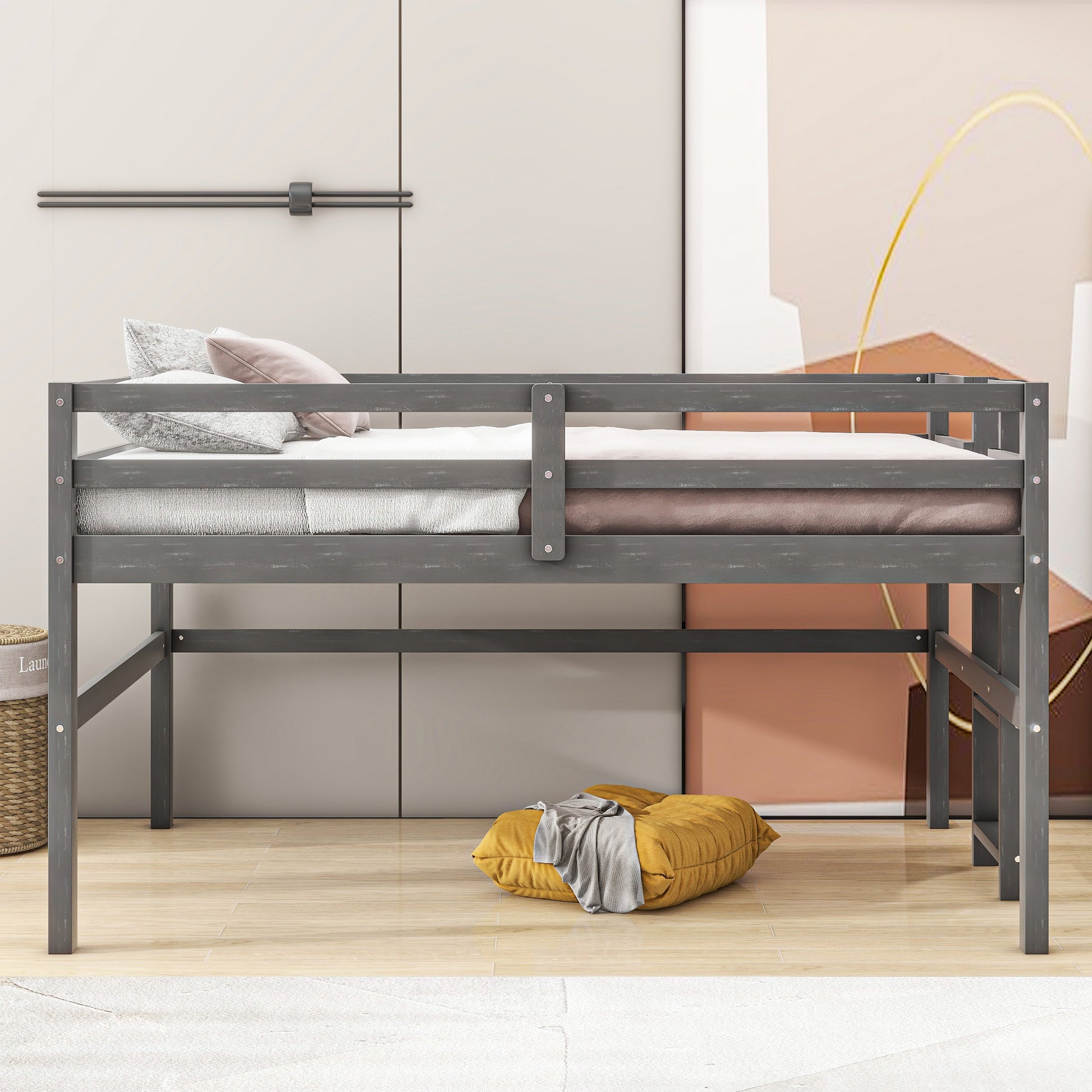 Wood Twin Size Loft Bed With Side Ladder, Antique Grey Box Spring Not Required Twin Antique Gray Wood Bedroom Solid Wood Mdf