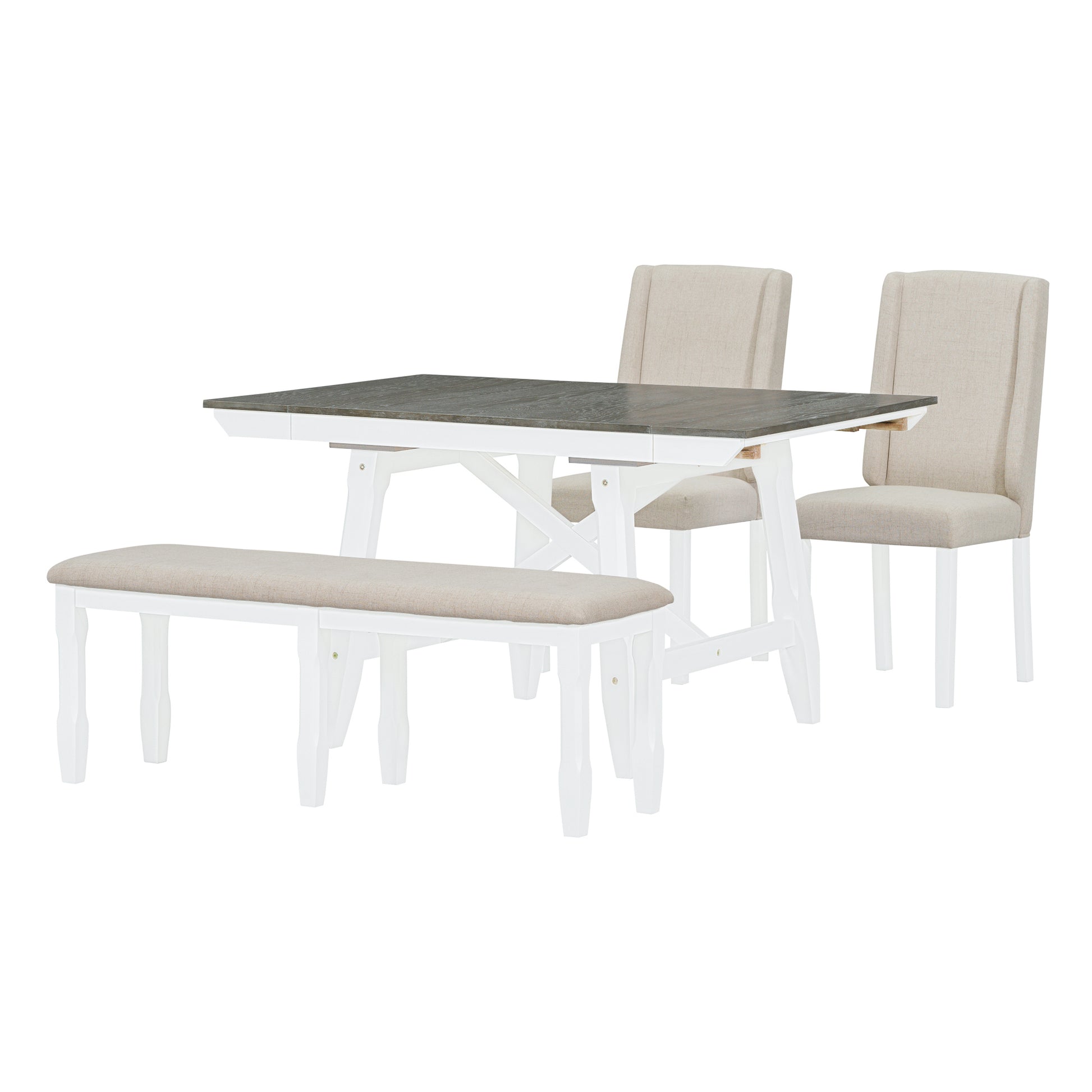 6 Piece Classic Dining Table Set, Rectangular Extendable Dining Table With Two 12"W Removable Leaves And 4 Upholstered Chairs & 1 Bench For Dining Room Brown White Brown White Solid Wood