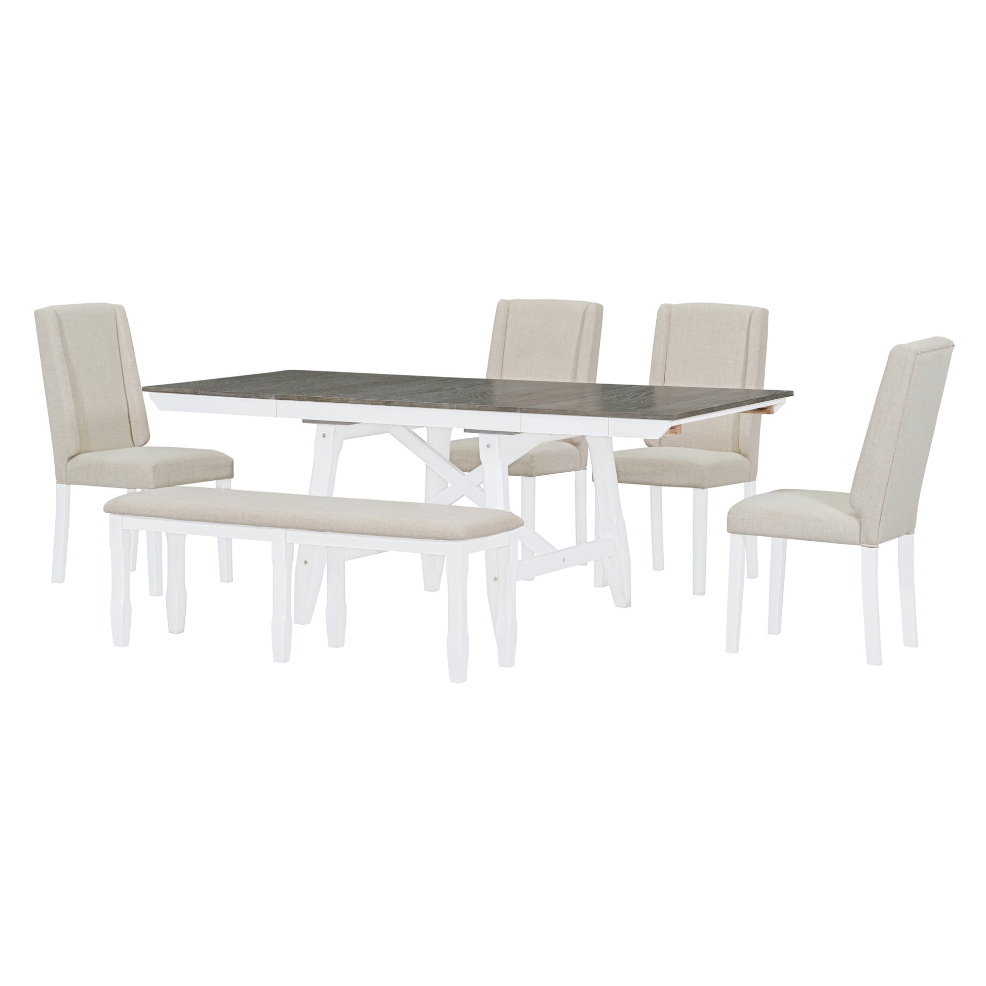 6 Piece Classic Dining Table Set, Rectangular Extendable Dining Table With Two 12"W Removable Leaves And 4 Upholstered Chairs & 1 Bench For Dining Room Brown White Brown White Solid Wood