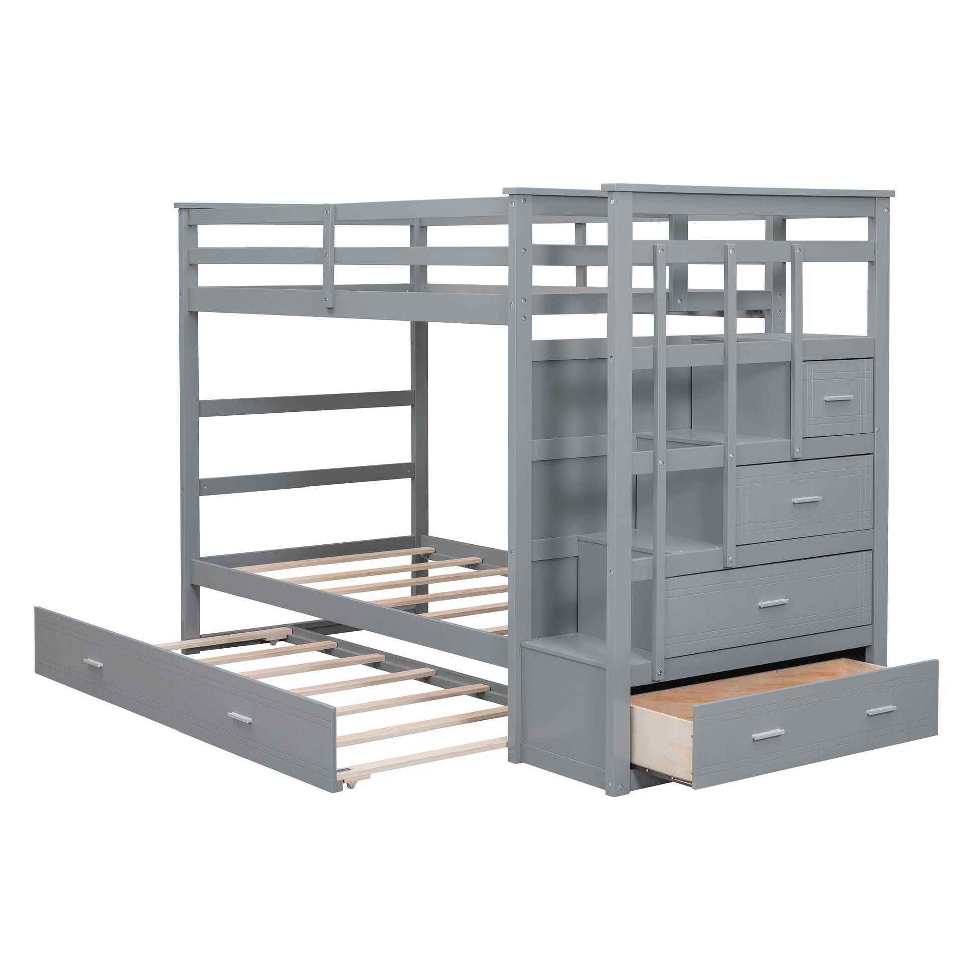 Twin Over Twin Bunk Bed With Trundle And Staircase,Gray Old Sku:Lt000068Aae Gray Solid Wood