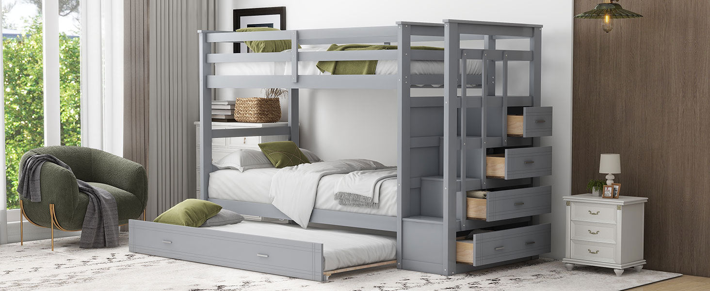 Twin Over Twin Bunk Bed With Trundle And Staircase,Gray Old Sku:Lt000068Aae Gray Solid Wood